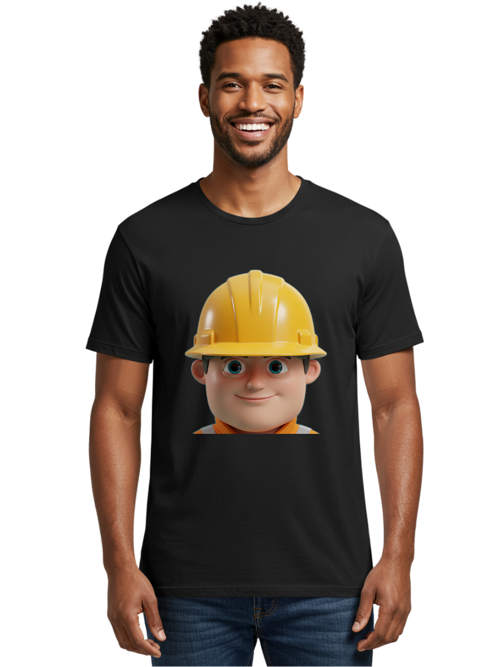 Construction-Worker-2 Men'S Graphic Tee, 100% Cotton, Comfortable Casual Summer Wear, Machine Washable, Cartoon Builder, Construction Worker, Yellow Hard Hat, Safety Helmet, Construction Site, Building Industry, Worker Safety, Bac893