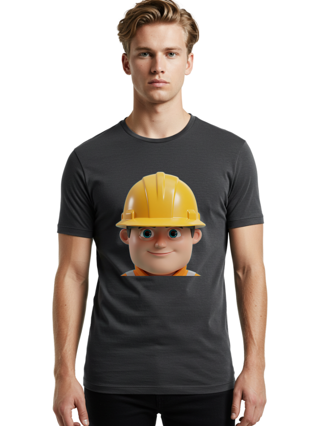 Construction-Worker-2 Men'S Graphic Tee, 100% Cotton, Comfortable Casual Summer Wear, Machine Washable, Cartoon Builder, Construction Worker, Yellow Hard Hat, Safety Helmet, Construction Site, Building Industry, Worker Safety, Bac893