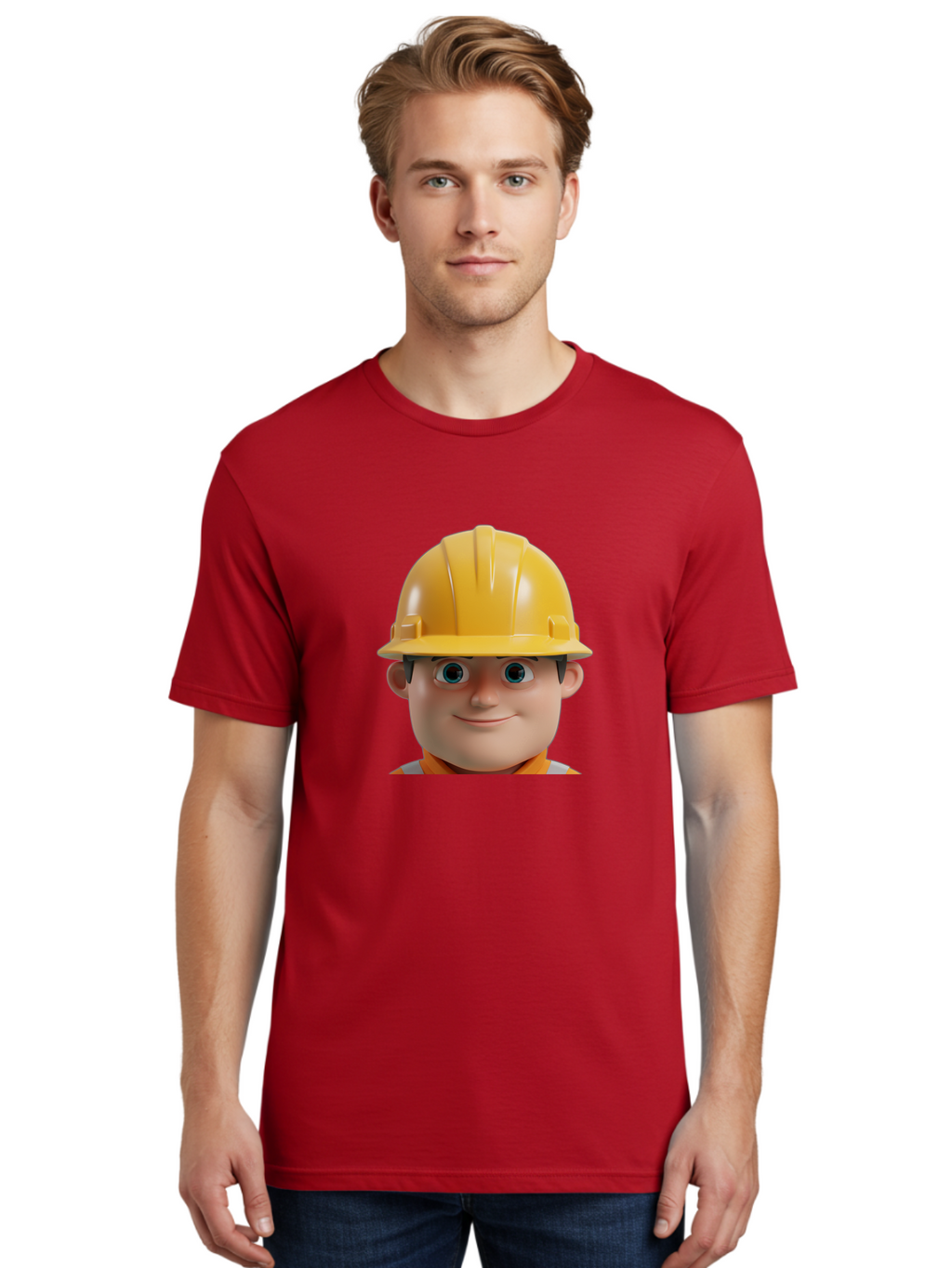Construction-Worker-2 Men'S Graphic Tee, 100% Cotton, Comfortable Casual Summer Wear, Machine Washable, Cartoon Builder, Construction Worker, Yellow Hard Hat, Safety Helmet, Construction Site, Building Industry, Worker Safety, Bac893