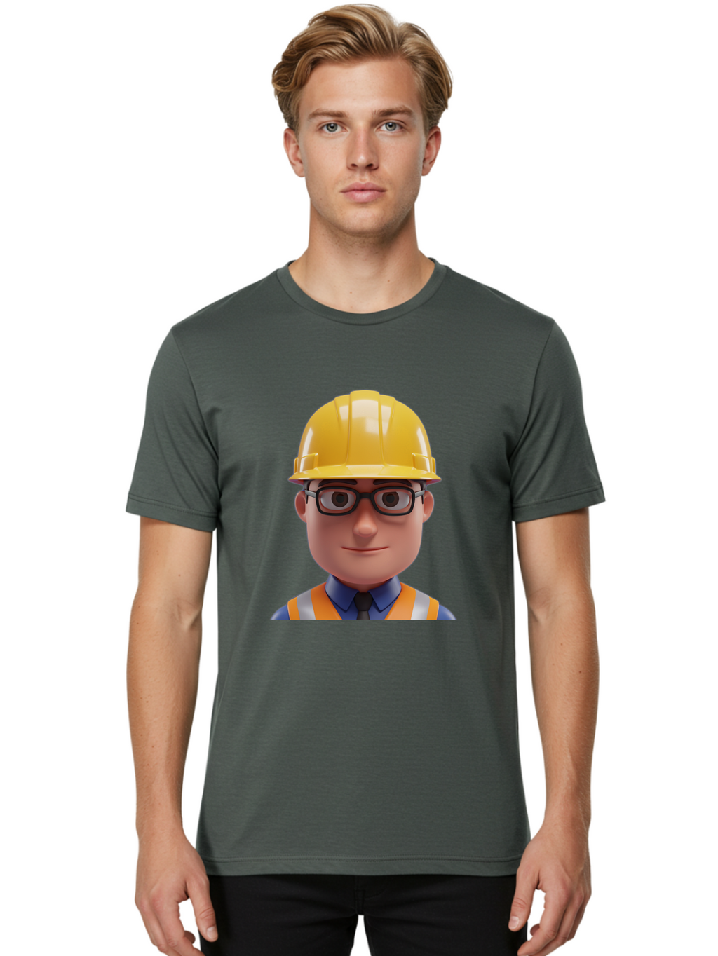 Construction-Worker-3 Men'S Graphic Tee, 100% Cotton, Comfortable Casual Summer Wear, Machine Washable, Construction Worker, Hard Hat, Safety Glasses, Reflective Vest, Blue Shirt, Black Tie, Cartoon Character, 3D Illustration, Bac894