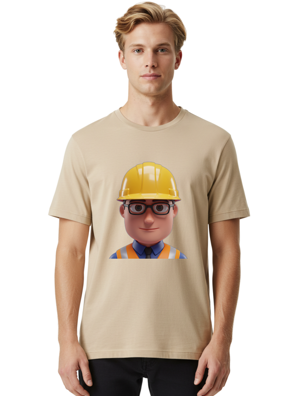 Construction-Worker-3 Men'S Graphic Tee, 100% Cotton, Comfortable Casual Summer Wear, Machine Washable, Construction Worker, Hard Hat, Safety Glasses, Reflective Vest, Blue Shirt, Black Tie, Cartoon Character, 3D Illustration, Bac894