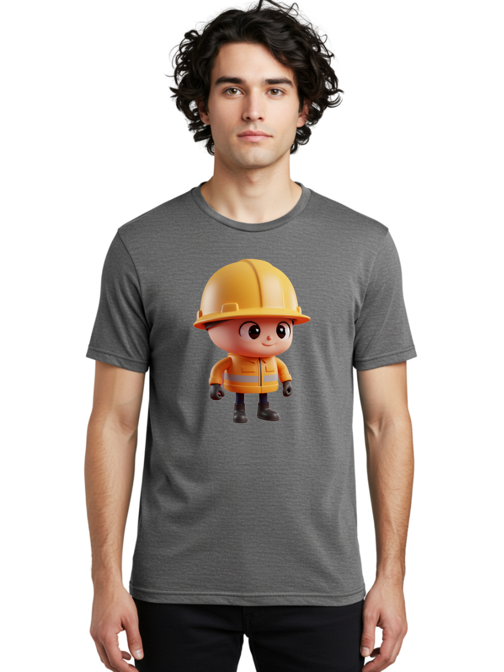 Construction-Worker Men'S Graphic Tee, 100% Cotton, Comfortable Casual Summer Wear, Machine Washable, 3D Cartoon Construction Worker, Yellow Hard Hat, Reflective Safety Jacket, Black Gloves, Cartoon Character, Construction Site, Safety Gear, Bac895