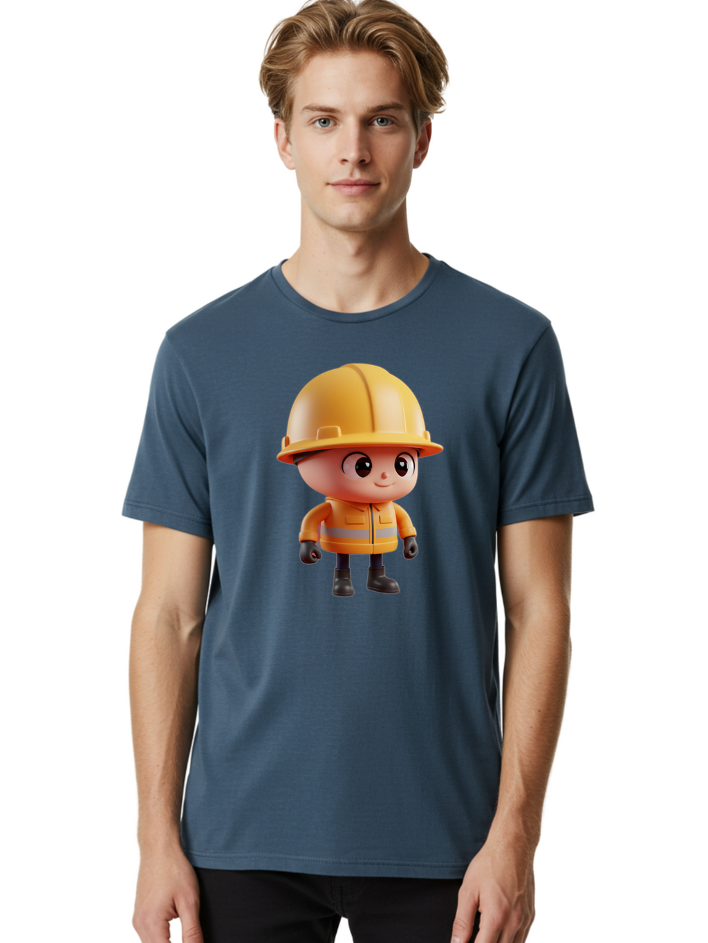 Construction-Worker Men'S Graphic Tee, 100% Cotton, Comfortable Casual Summer Wear, Machine Washable, 3D Cartoon Construction Worker, Yellow Hard Hat, Reflective Safety Jacket, Black Gloves, Cartoon Character, Construction Site, Safety Gear, Bac895