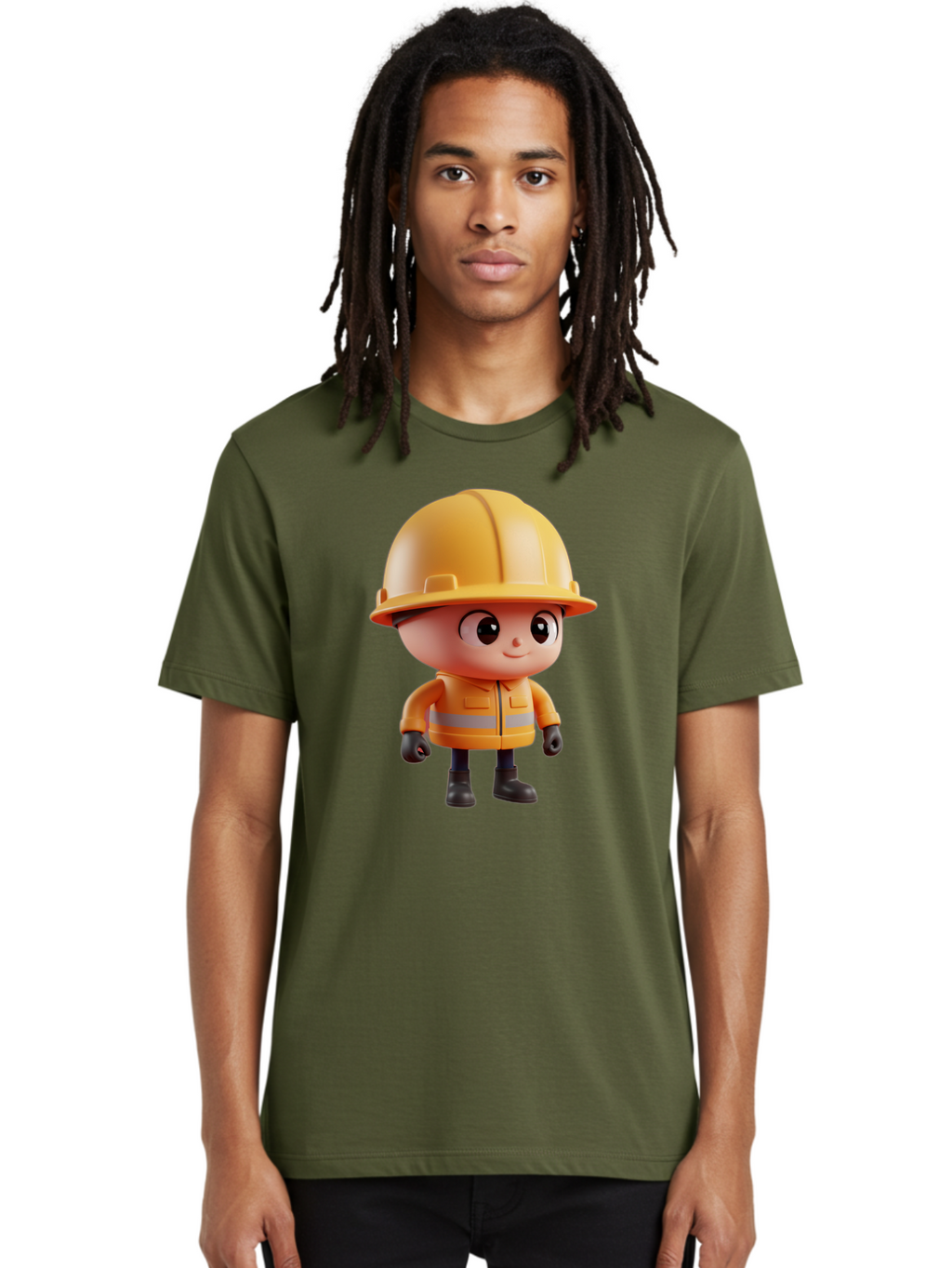 Construction-Worker Men'S Graphic Tee, 100% Cotton, Comfortable Casual Summer Wear, Machine Washable, 3D Cartoon Construction Worker, Yellow Hard Hat, Reflective Safety Jacket, Black Gloves, Cartoon Character, Construction Site, Safety Gear, Bac895