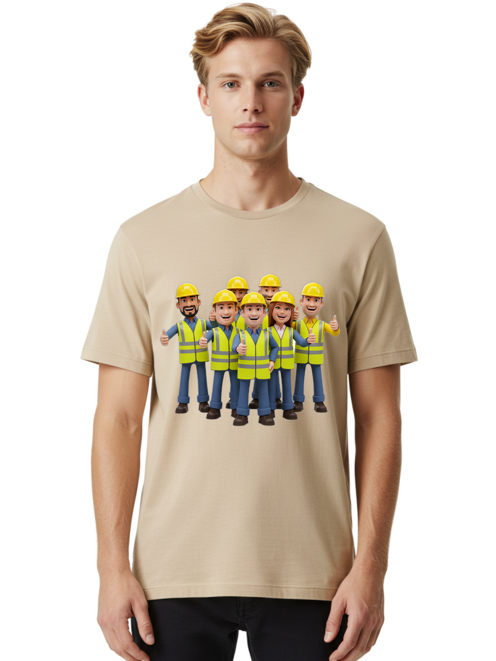 Construction-Workers Men'S Graphic Tee, 100% Cotton, Comfortable Casual Summer Wear, Machine Washable, Construction Workers, Team Collaboration, Safety Gear, Yellow Hard Hats, Reflective Vests, Thumbs Up, Unity, Workplace Harmony, Bac896