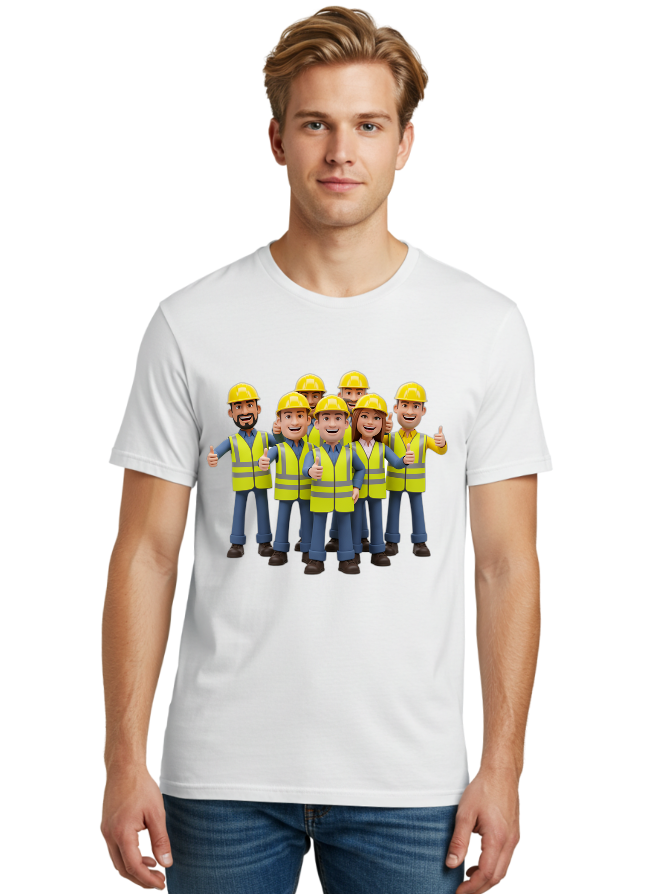 Construction-Workers Men'S Graphic Tee, 100% Cotton, Comfortable Casual Summer Wear, Machine Washable, Construction Workers, Team Collaboration, Safety Gear, Yellow Hard Hats, Reflective Vests, Thumbs Up, Unity, Workplace Harmony, Bac896