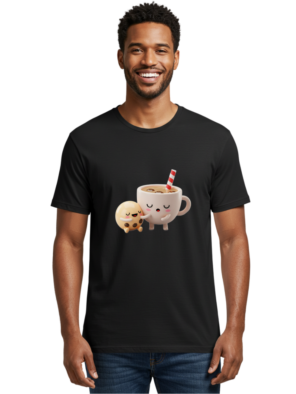 Cookie-And-Coffee-Cup Men'S Graphic Tee, 100% Cotton, Comfortable Casual Summer Wear, Machine Washable, Cute Cartoon Characters, Chip Cookie, Milkshake With Straw, Chocolate Chips, Adorable, Kawaii, Cartoon, Funny, Characters Hugging, Happy, Bac897