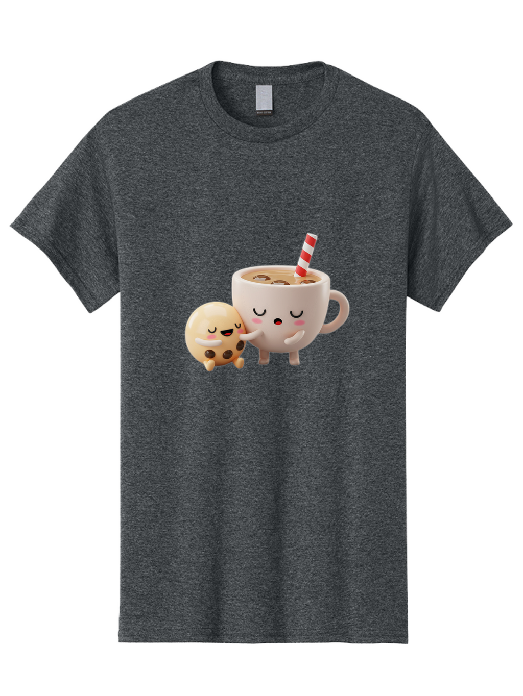 Cookie-And-Coffee-Cup Men'S Graphic Tee, 100% Cotton, Comfortable Casual Summer Wear, Machine Washable, Cute Cartoon Characters, Chip Cookie, Milkshake With Straw, Chocolate Chips, Adorable, Kawaii, Cartoon, Funny, Characters Hugging, Happy, Bac897