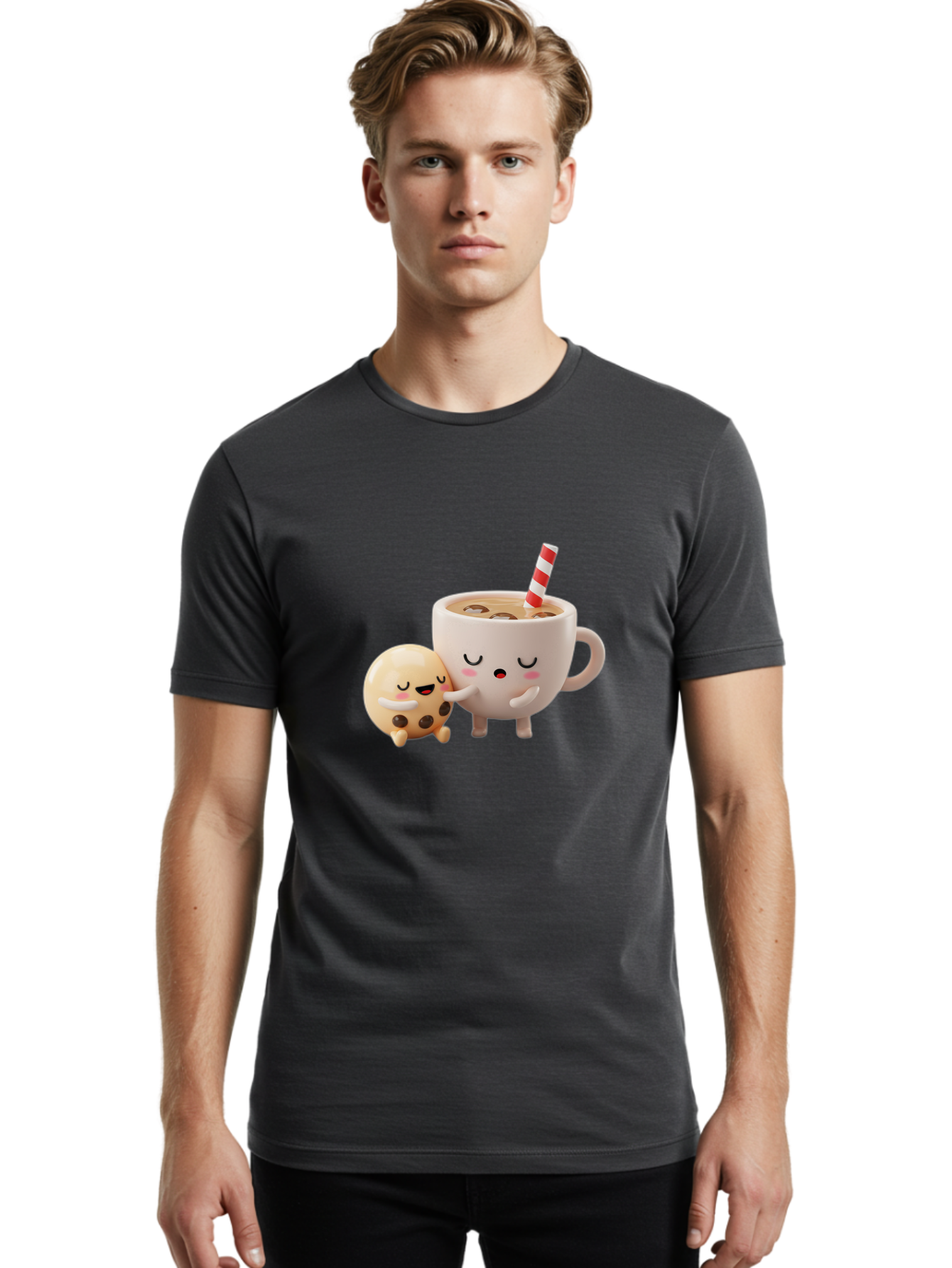 Cookie-And-Coffee-Cup Men'S Graphic Tee, 100% Cotton, Comfortable Casual Summer Wear, Machine Washable, Cute Cartoon Characters, Chip Cookie, Milkshake With Straw, Chocolate Chips, Adorable, Kawaii, Cartoon, Funny, Characters Hugging, Happy, Bac897