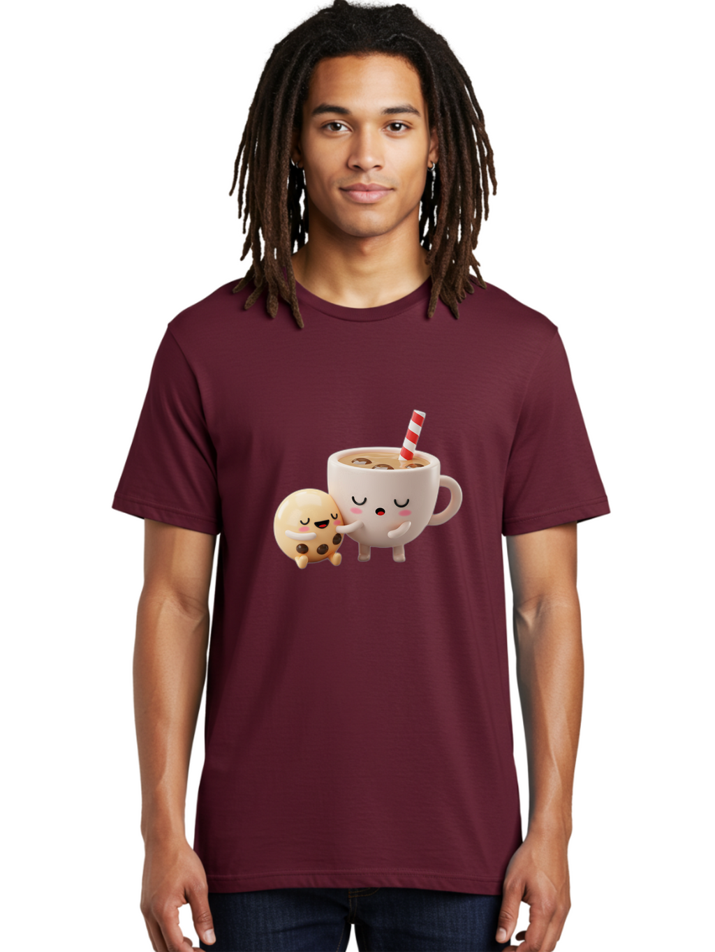 Cookie-And-Coffee-Cup Men'S Graphic Tee, 100% Cotton, Comfortable Casual Summer Wear, Machine Washable, Cute Cartoon Characters, Chip Cookie, Milkshake With Straw, Chocolate Chips, Adorable, Kawaii, Cartoon, Funny, Characters Hugging, Happy, Bac897