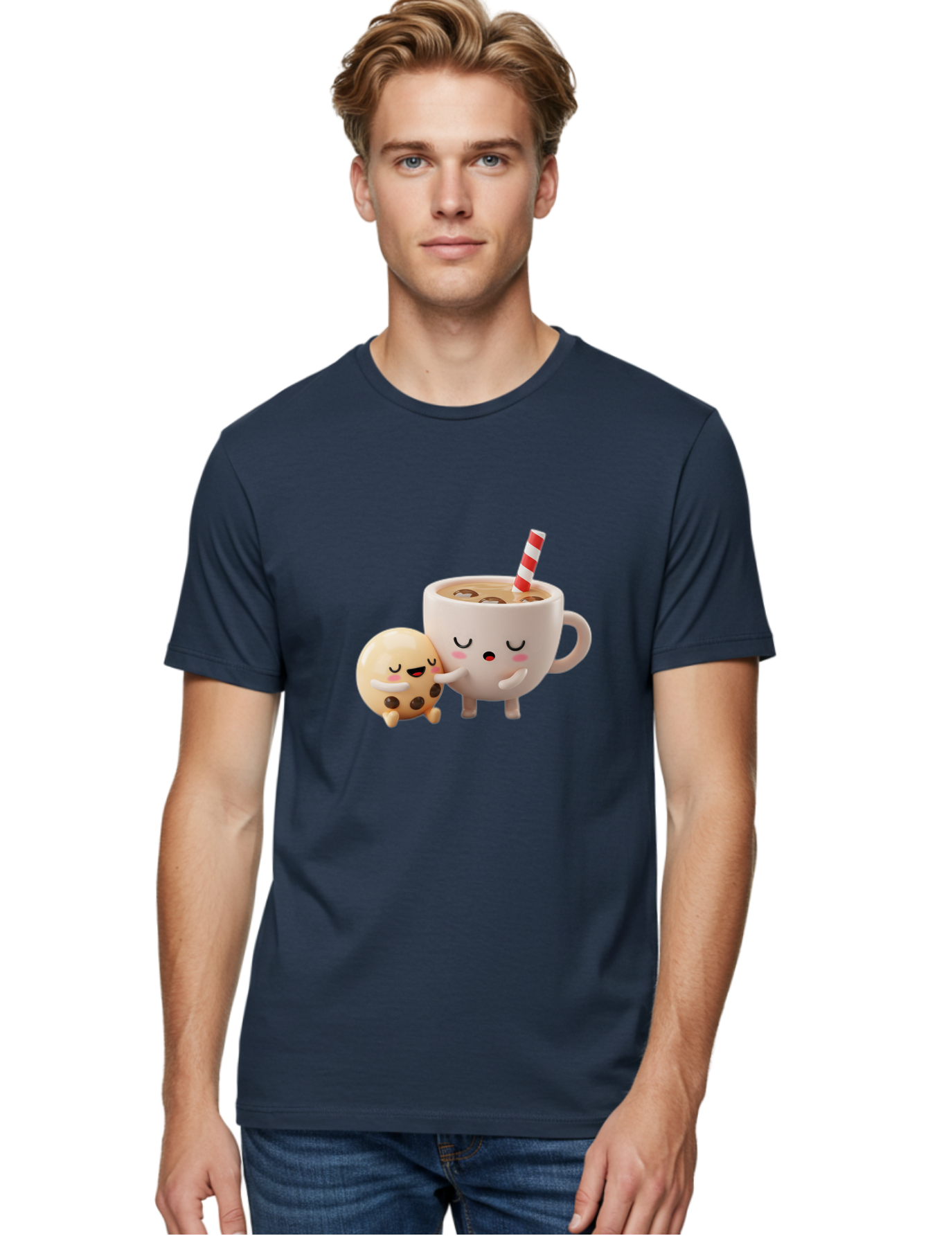 Cookie-And-Coffee-Cup Men'S Graphic Tee, 100% Cotton, Comfortable Casual Summer Wear, Machine Washable, Cute Cartoon Characters, Chip Cookie, Milkshake With Straw, Chocolate Chips, Adorable, Kawaii, Cartoon, Funny, Characters Hugging, Happy, Bac897
