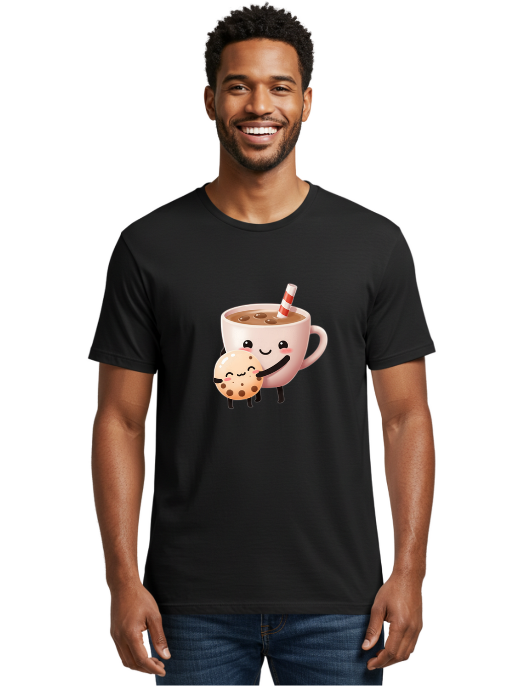 Cookie-And-Milk Men'S Graphic Tee, 100% Cotton, Comfortable Casual Summer Wear, Machine Washable, Cartoon Cup Of Milk, Chocolate Chip Cookie, Smiling Faces, Happy Snack, Sweet Treats, Dessert Time, Kid Friendly, Funny Characters Bac898