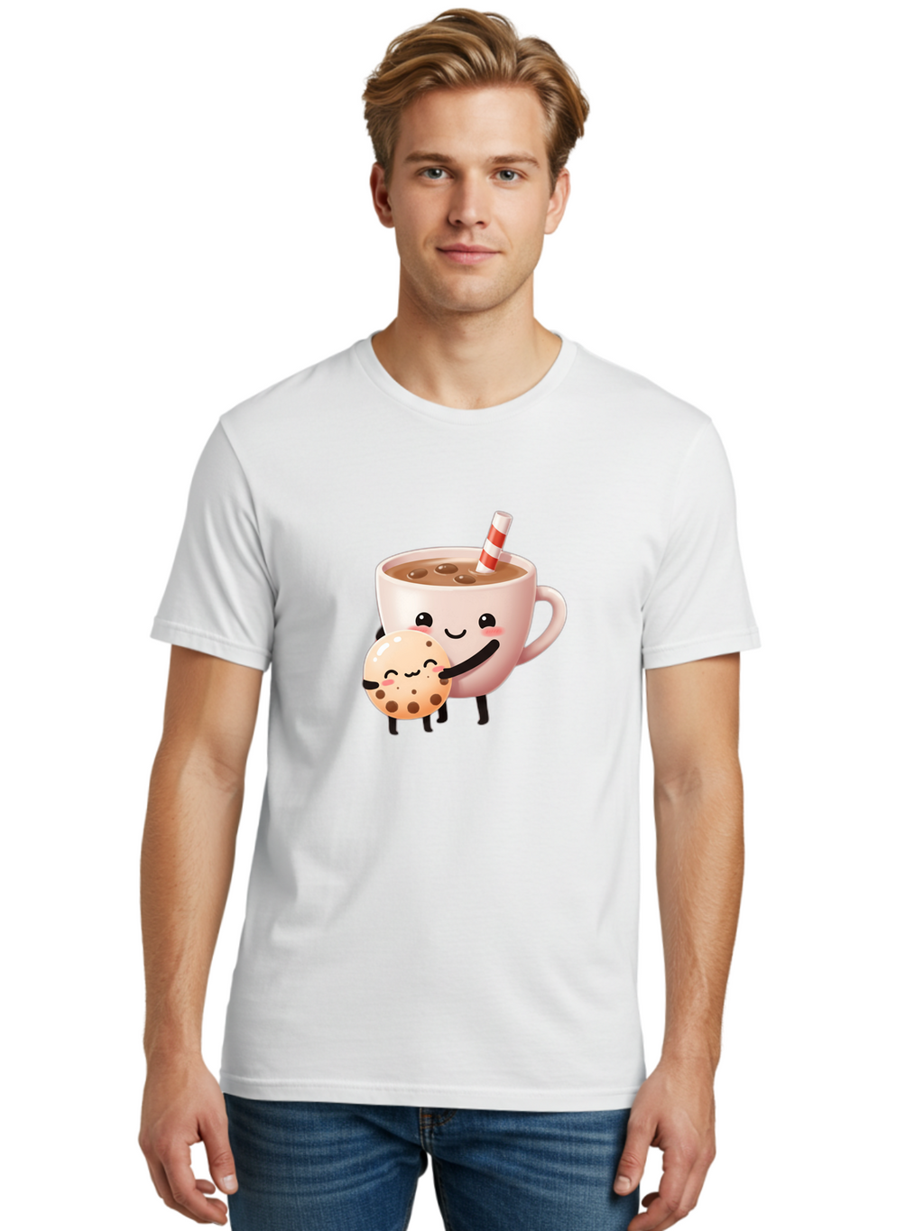 Cookie-And-Milk Men'S Graphic Tee, 100% Cotton, Comfortable Casual Summer Wear, Machine Washable, Cartoon Cup Of Milk, Chocolate Chip Cookie, Smiling Faces, Happy Snack, Sweet Treats, Dessert Time, Kid Friendly, Funny Characters Bac898