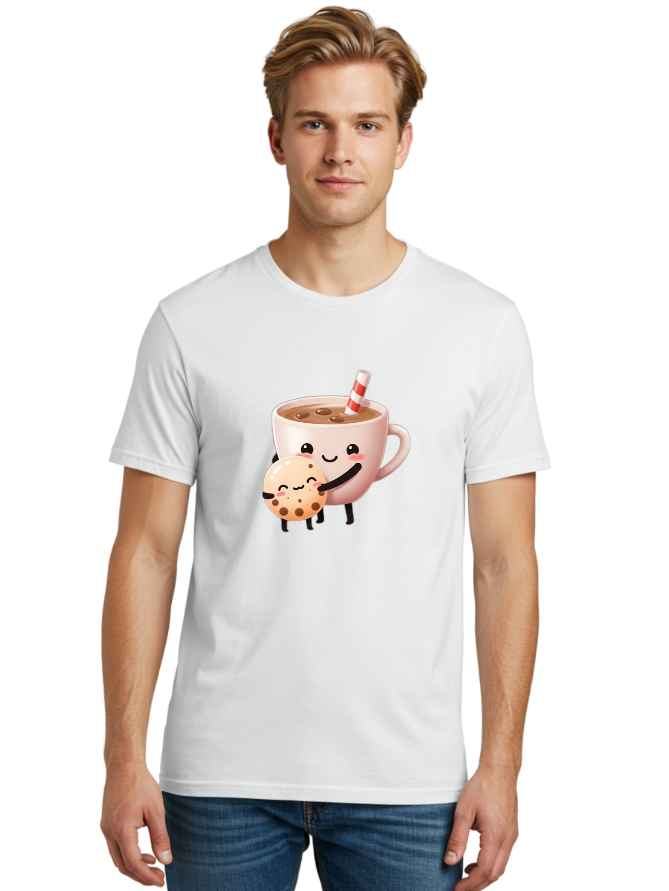 Cookie-And-Milk Men'S Graphic Tee, 100% Cotton, Comfortable Casual Summer Wear, Machine Washable, Cartoon Cup Of Milk, Chocolate Chip Cookie, Smiling Faces, Happy Snack, Sweet Treats, Dessert Time, Kid Friendly, Funny Characters Bac898