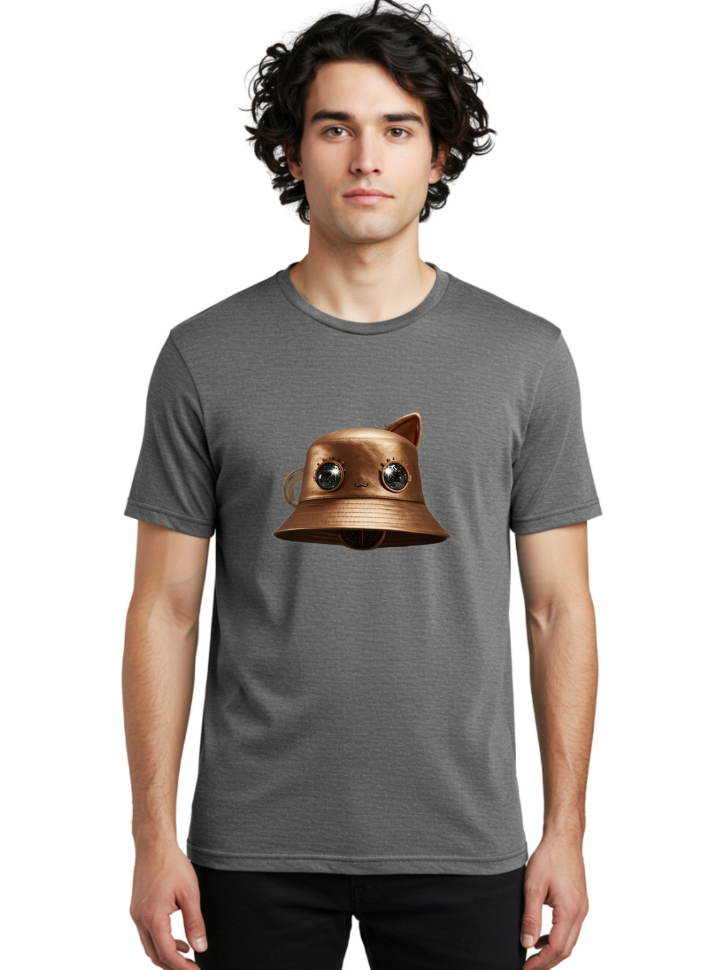 Copper-Hat Men'S Graphic Tee, 100% Cotton, Comfortable Casual Summer Wear, Machine Washable, Steampunk Cat, Bronze Helmet, Mechanical Eyes, Cat Ears, Metallic Sheen, Sci-Fi, Fantasy, Copper Finish, Whimsical Design, Industrial Chic, Bac900