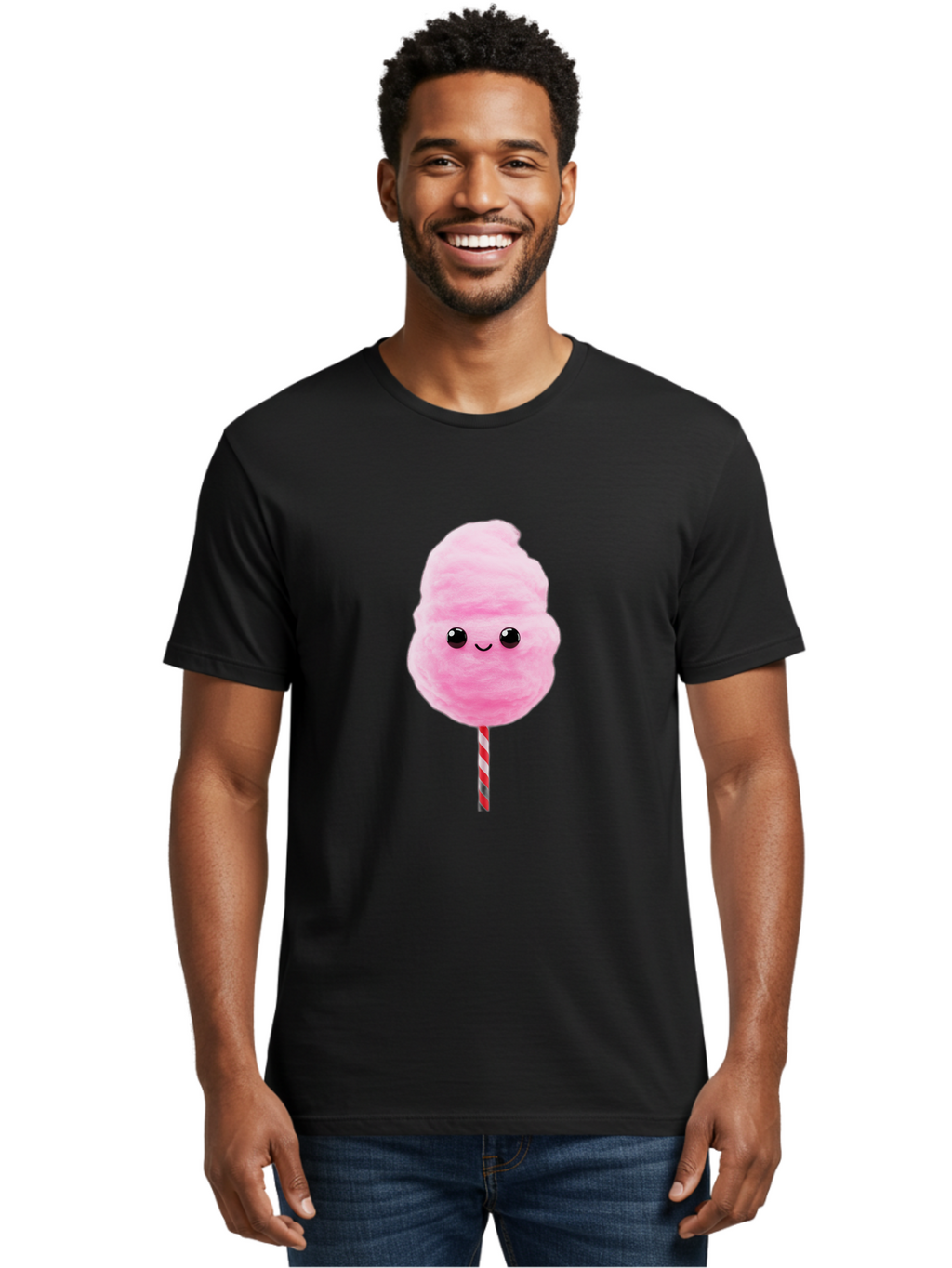 Cotton-Candy-10 Men'S Graphic Tee, 100% Cotton, Comfortable Casual Summer Wear, Machine Washable, Pink Cotton Candy, Fluffy Treat, Sweet Delight, Cartoon Character, Cute Face, Round Body, Whimsical Design, Striped Stick, Kawaii, Bac903