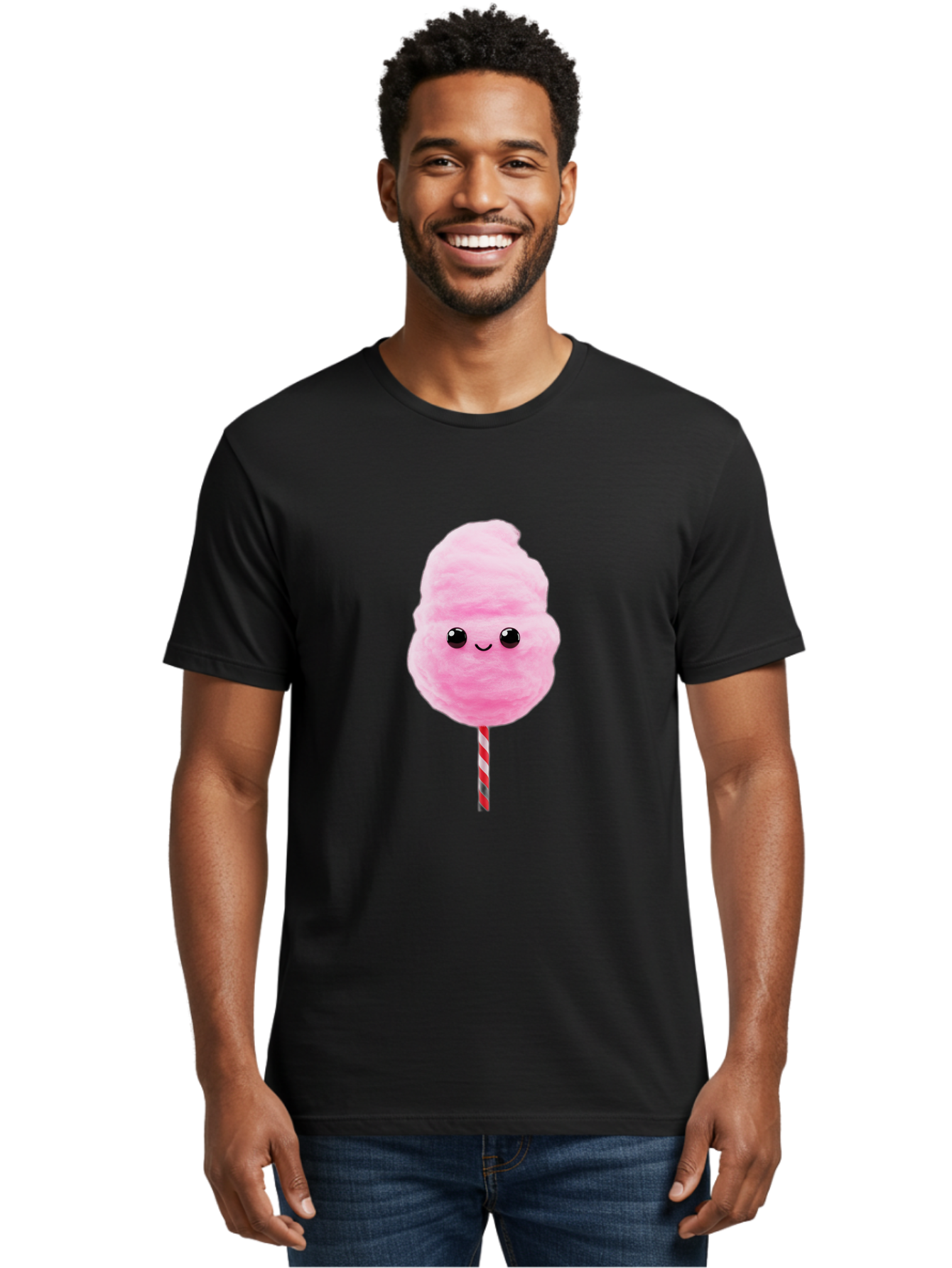 Cotton-Candy-10 Men'S Graphic Tee, 100% Cotton, Comfortable Casual Summer Wear, Machine Washable, Pink Cotton Candy, Fluffy Treat, Sweet Delight, Cartoon Character, Cute Face, Round Body, Whimsical Design, Striped Stick, Kawaii, Bac903