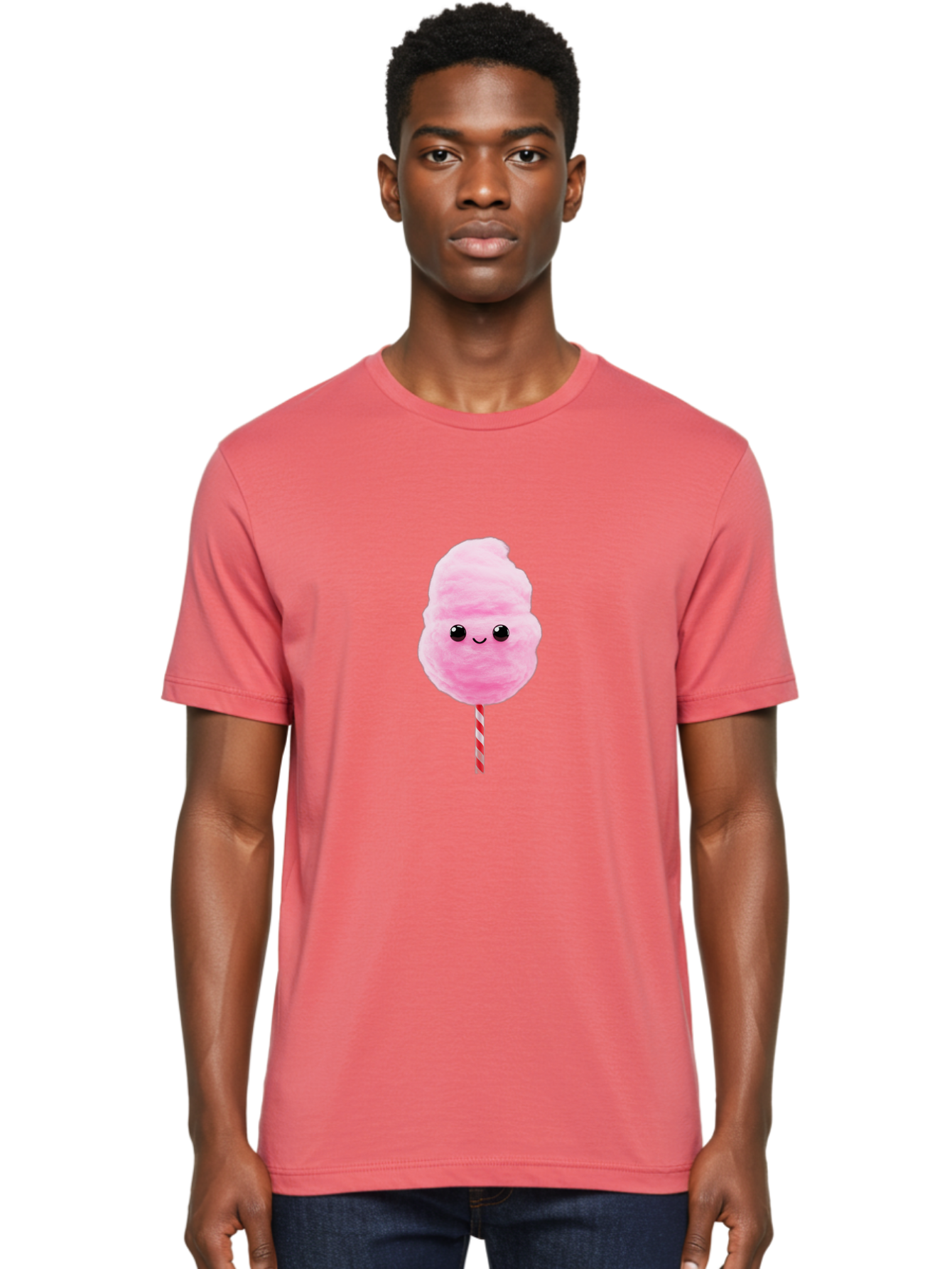Cotton-Candy-10 Men'S Graphic Tee, 100% Cotton, Comfortable Casual Summer Wear, Machine Washable, Pink Cotton Candy, Fluffy Treat, Sweet Delight, Cartoon Character, Cute Face, Round Body, Whimsical Design, Striped Stick, Kawaii, Bac903