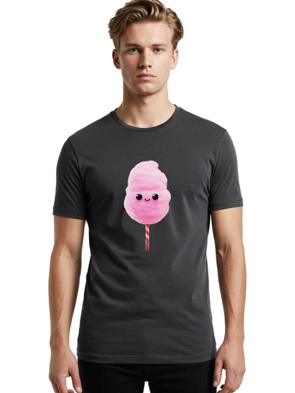 Cotton-Candy-10 Men'S Graphic Tee, 100% Cotton, Comfortable Casual Summer Wear, Machine Washable, Pink Cotton Candy, Fluffy Treat, Sweet Delight, Cartoon Character, Cute Face, Round Body, Whimsical Design, Striped Stick, Kawaii, Bac903