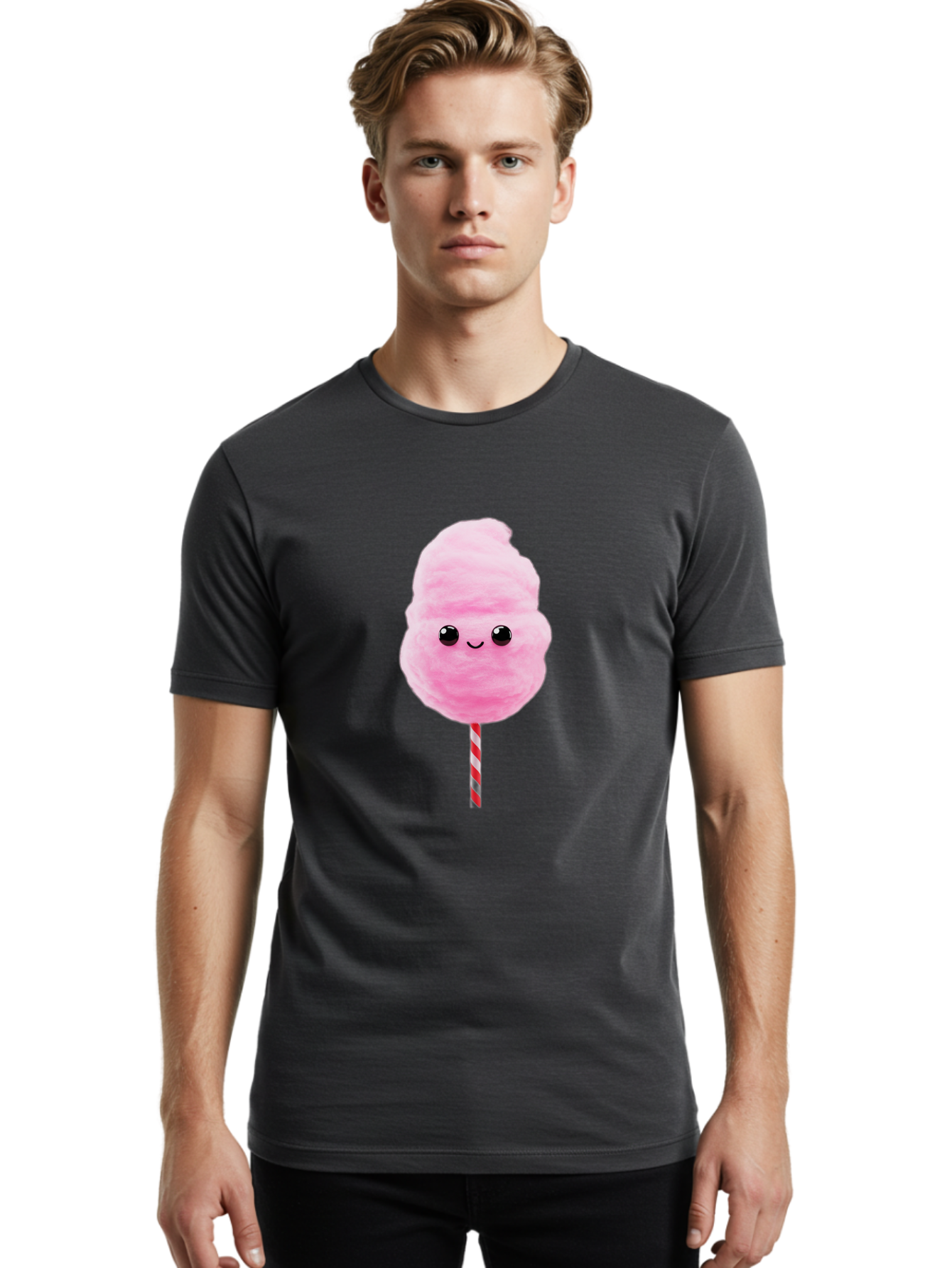 Cotton-Candy-10 Men'S Graphic Tee, 100% Cotton, Comfortable Casual Summer Wear, Machine Washable, Pink Cotton Candy, Fluffy Treat, Sweet Delight, Cartoon Character, Cute Face, Round Body, Whimsical Design, Striped Stick, Kawaii, Bac903