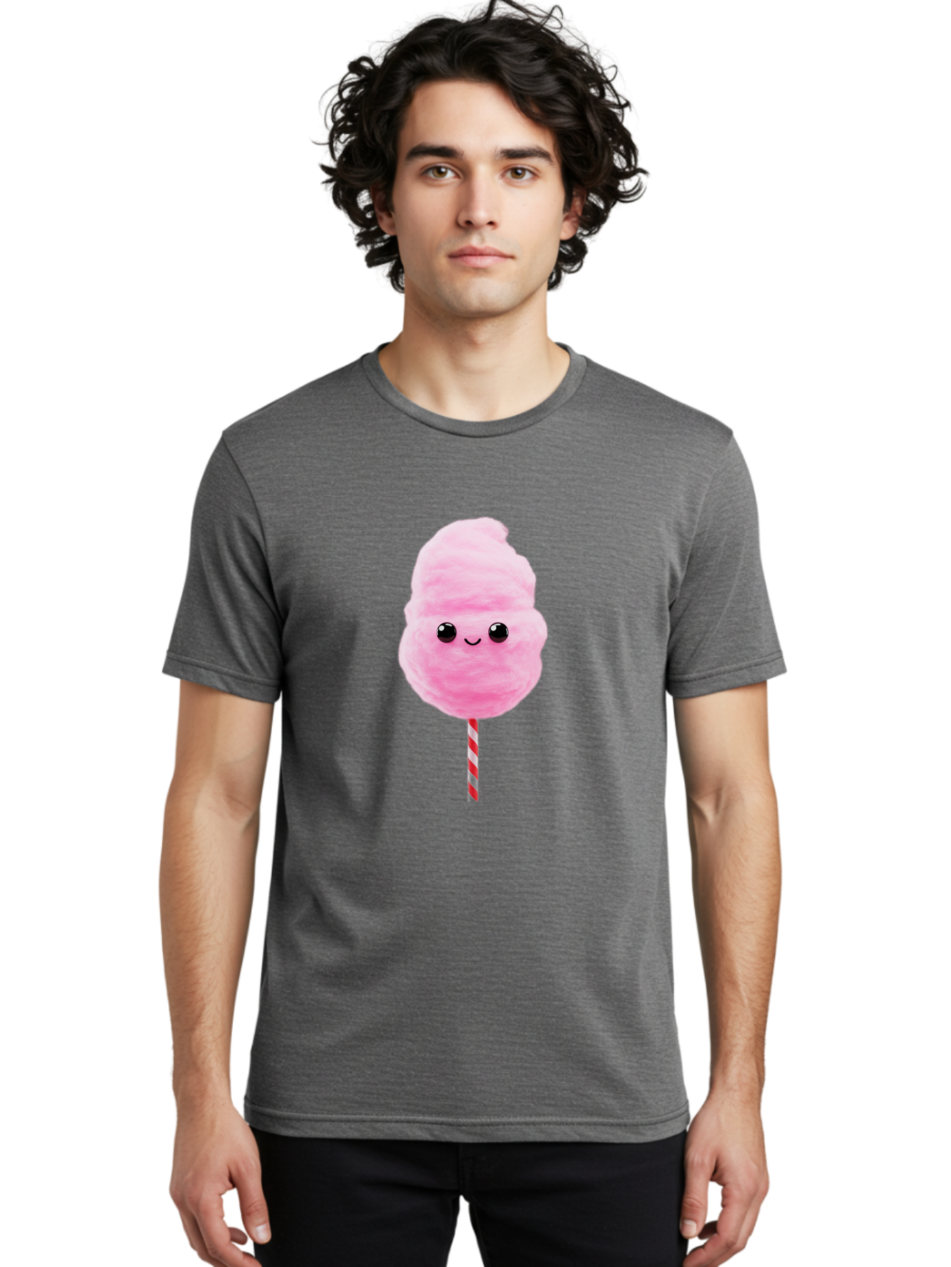 Cotton-Candy-10 Men'S Graphic Tee, 100% Cotton, Comfortable Casual Summer Wear, Machine Washable, Pink Cotton Candy, Fluffy Treat, Sweet Delight, Cartoon Character, Cute Face, Round Body, Whimsical Design, Striped Stick, Kawaii, Bac903