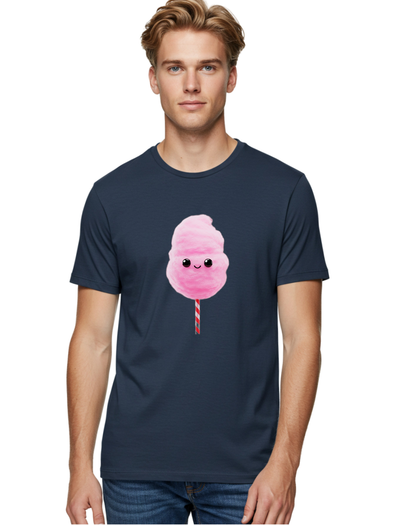 Cotton-Candy-10 Men'S Graphic Tee, 100% Cotton, Comfortable Casual Summer Wear, Machine Washable, Pink Cotton Candy, Fluffy Treat, Sweet Delight, Cartoon Character, Cute Face, Round Body, Whimsical Design, Striped Stick, Kawaii, Bac903