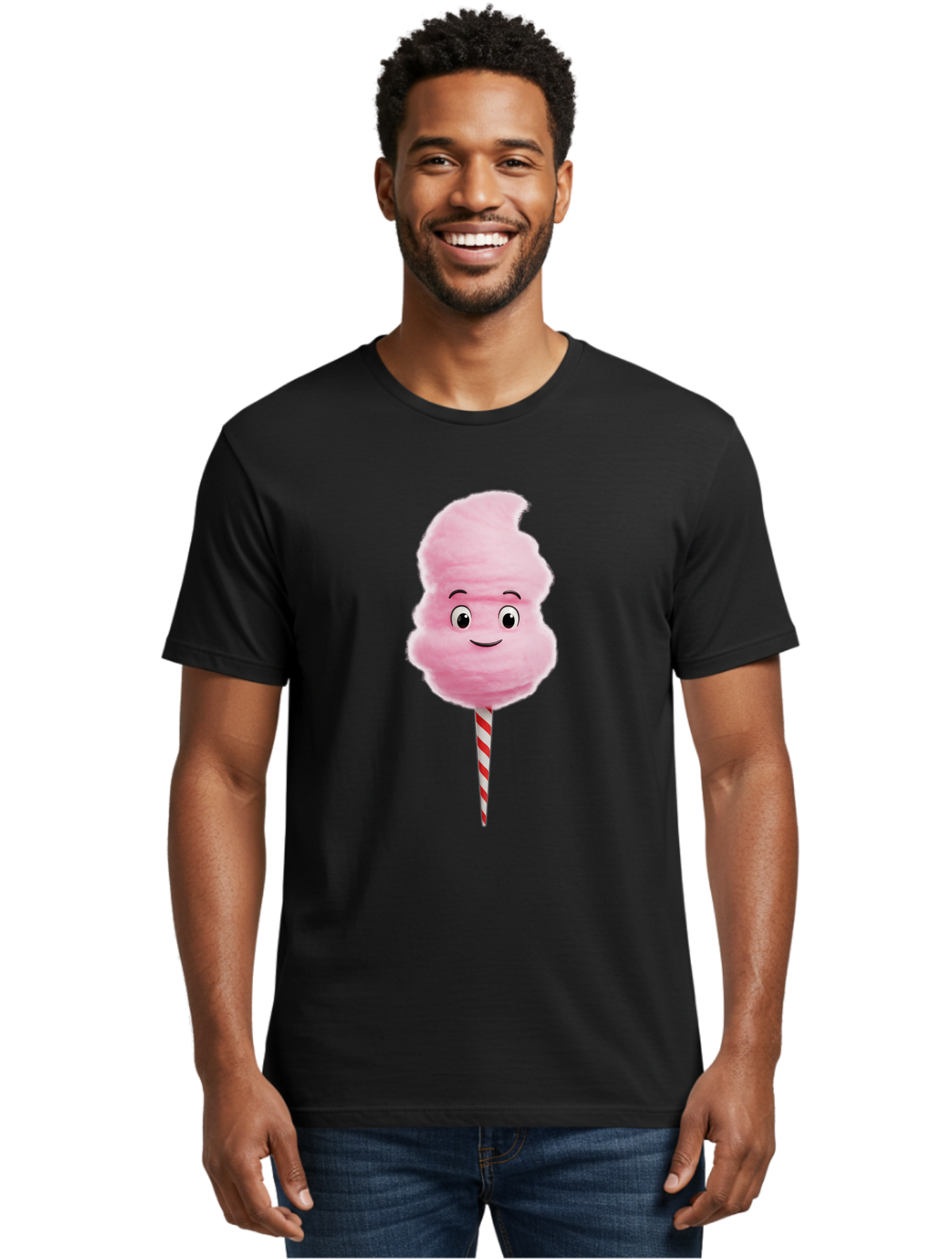Cotton-Candy-11 Men'S Graphic Tee, 100% Cotton, Comfortable Casual Summer Wear, Machine Washable, Cotton Candy, Sweet Treats, Fluffy Pink Candy, Cartoon Character, Striped Stick, Cartoon Eyes, Smiley Face, Playful Illustration, Bac904