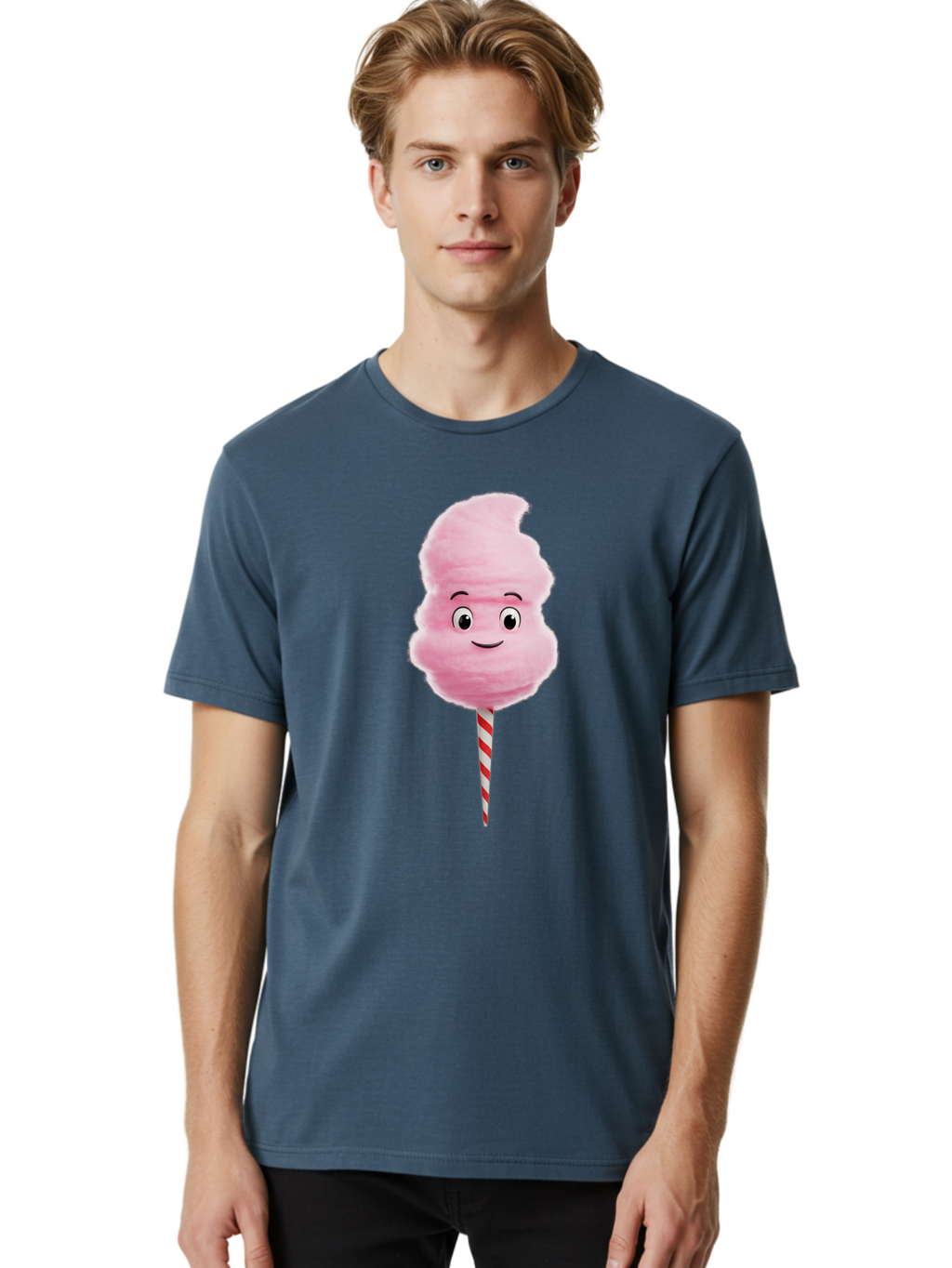 Cotton-Candy-11 Men'S Graphic Tee, 100% Cotton, Comfortable Casual Summer Wear, Machine Washable, Cotton Candy, Sweet Treats, Fluffy Pink Candy, Cartoon Character, Striped Stick, Cartoon Eyes, Smiley Face, Playful Illustration, Bac904