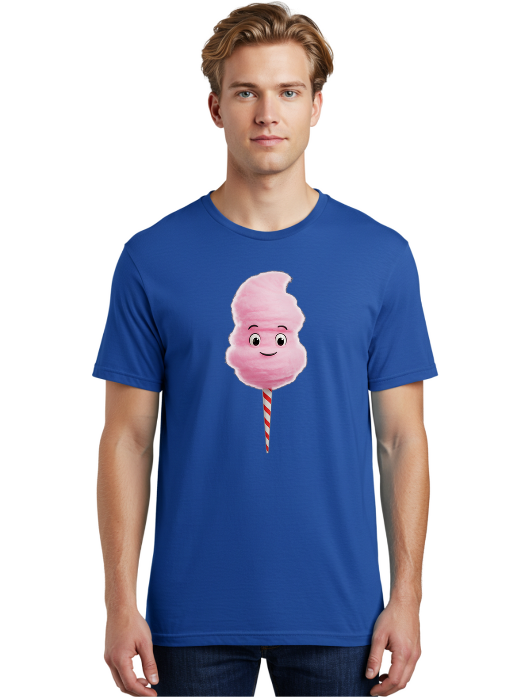 Cotton-Candy-11 Men'S Graphic Tee, 100% Cotton, Comfortable Casual Summer Wear, Machine Washable, Cotton Candy, Sweet Treats, Fluffy Pink Candy, Cartoon Character, Striped Stick, Cartoon Eyes, Smiley Face, Playful Illustration, Bac904