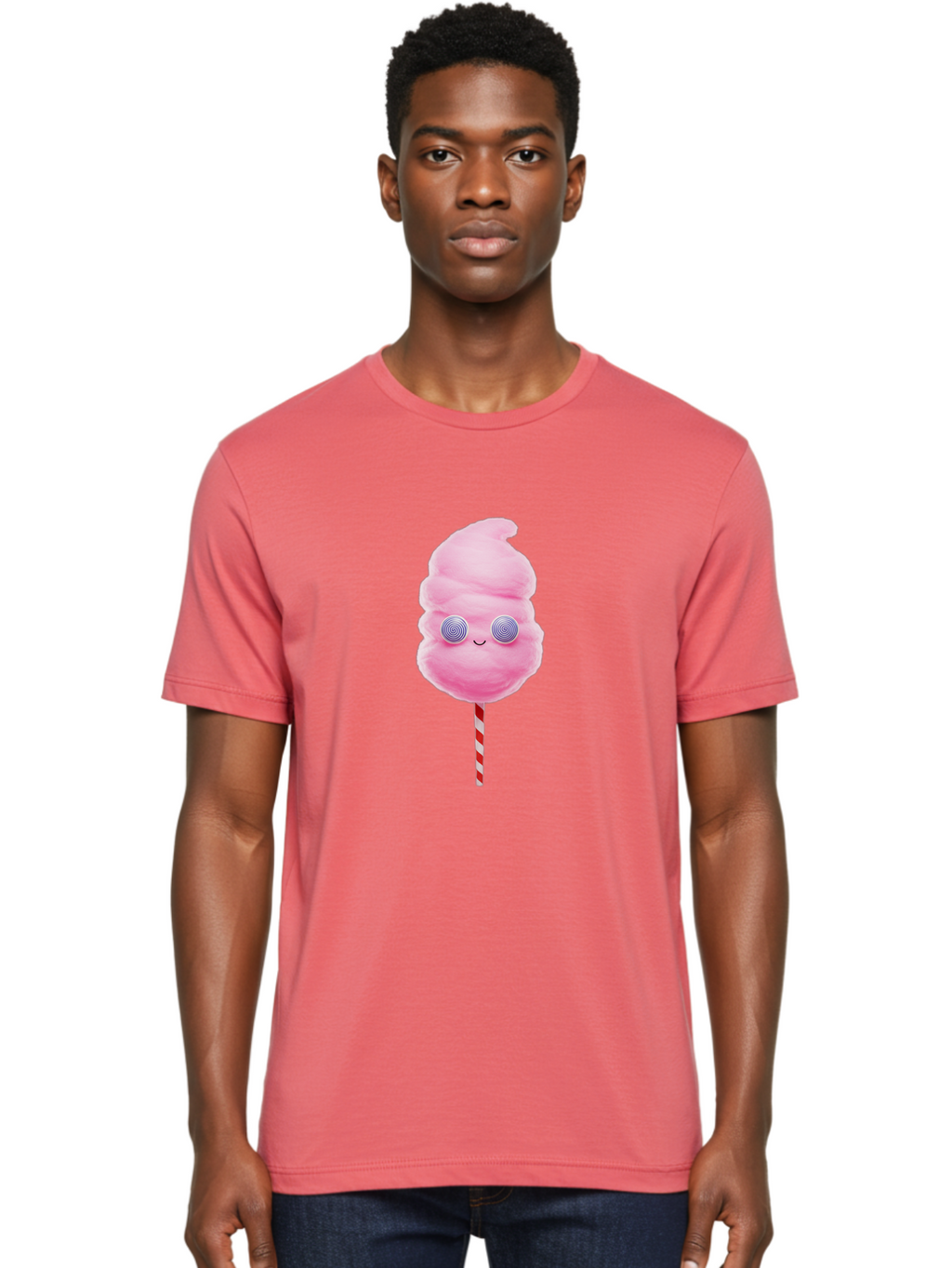 Cotton-Candy-12 Men'S Graphic Tee, 100% Cotton, Comfortable Casual Summer Wear, Machine Washable, Pink Cotton Candy, Happy Face, Spiral Eyes, Sweet Treat, Cartoon Style, Whimsical Illustration, Playful Design, Festive Atmosphere, Fun Food, Bac905