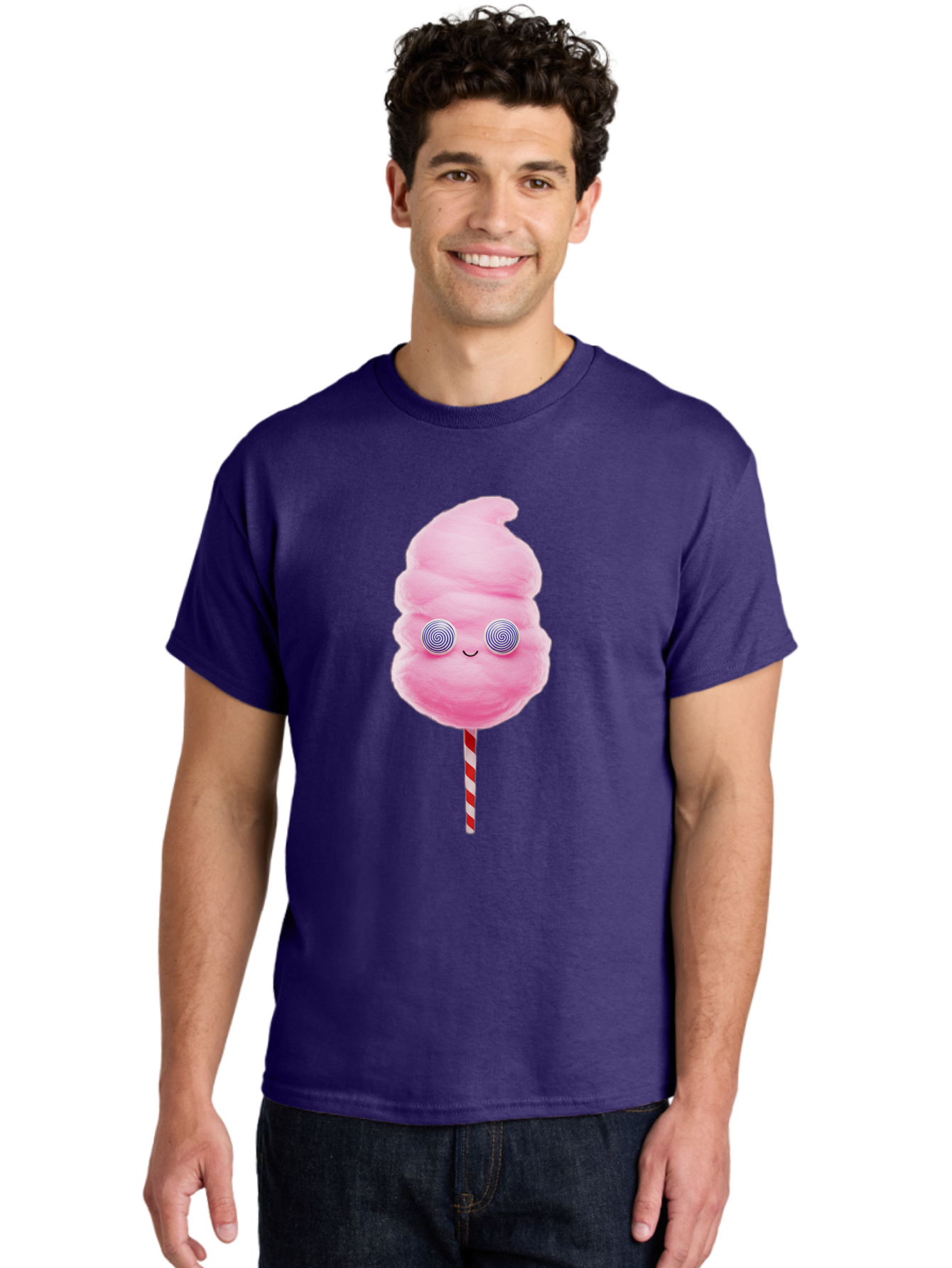 Cotton-Candy-12 Men'S Graphic Tee, 100% Cotton, Comfortable Casual Summer Wear, Machine Washable, Pink Cotton Candy, Happy Face, Spiral Eyes, Sweet Treat, Cartoon Style, Whimsical Illustration, Playful Design, Festive Atmosphere, Fun Food, Bac905