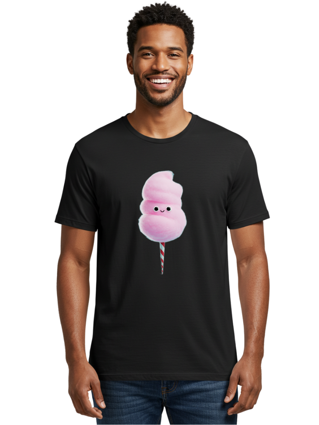 Cotton-Candy-15 Men'S Graphic Tee, 100% Cotton, Comfortable Casual Summer Wear, Machine Washable, Cotton Candy, Sweet Treat, Pastel Pink Color, Smiley Face, Red And White Striped Stick, Fluffy Texture, Cute, Candy, Cartoon Character, Fun, Bac908