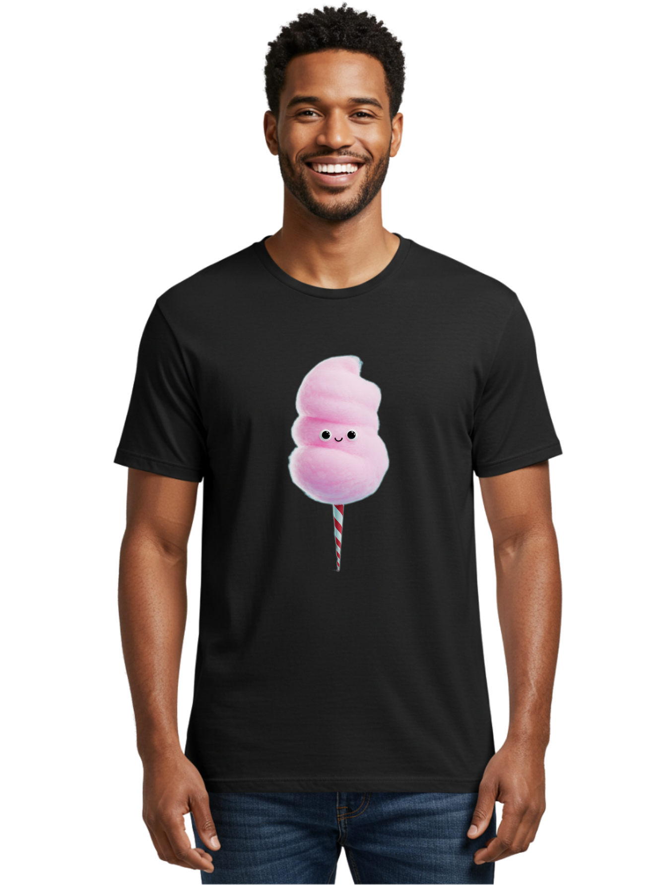 Cotton-Candy-15 Men'S Graphic Tee, 100% Cotton, Comfortable Casual Summer Wear, Machine Washable, Cotton Candy, Sweet Treat, Pastel Pink Color, Smiley Face, Red And White Striped Stick, Fluffy Texture, Cute, Candy, Cartoon Character, Fun, Bac908