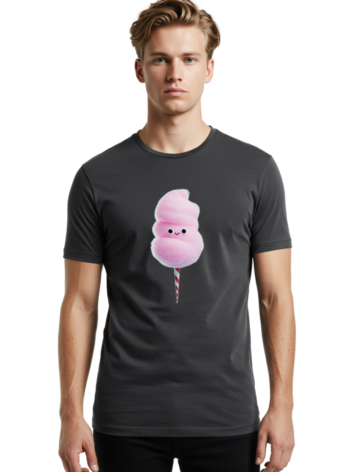 Cotton-Candy-15 Men'S Graphic Tee, 100% Cotton, Comfortable Casual Summer Wear, Machine Washable, Cotton Candy, Sweet Treat, Pastel Pink Color, Smiley Face, Red And White Striped Stick, Fluffy Texture, Cute, Candy, Cartoon Character, Fun, Bac908