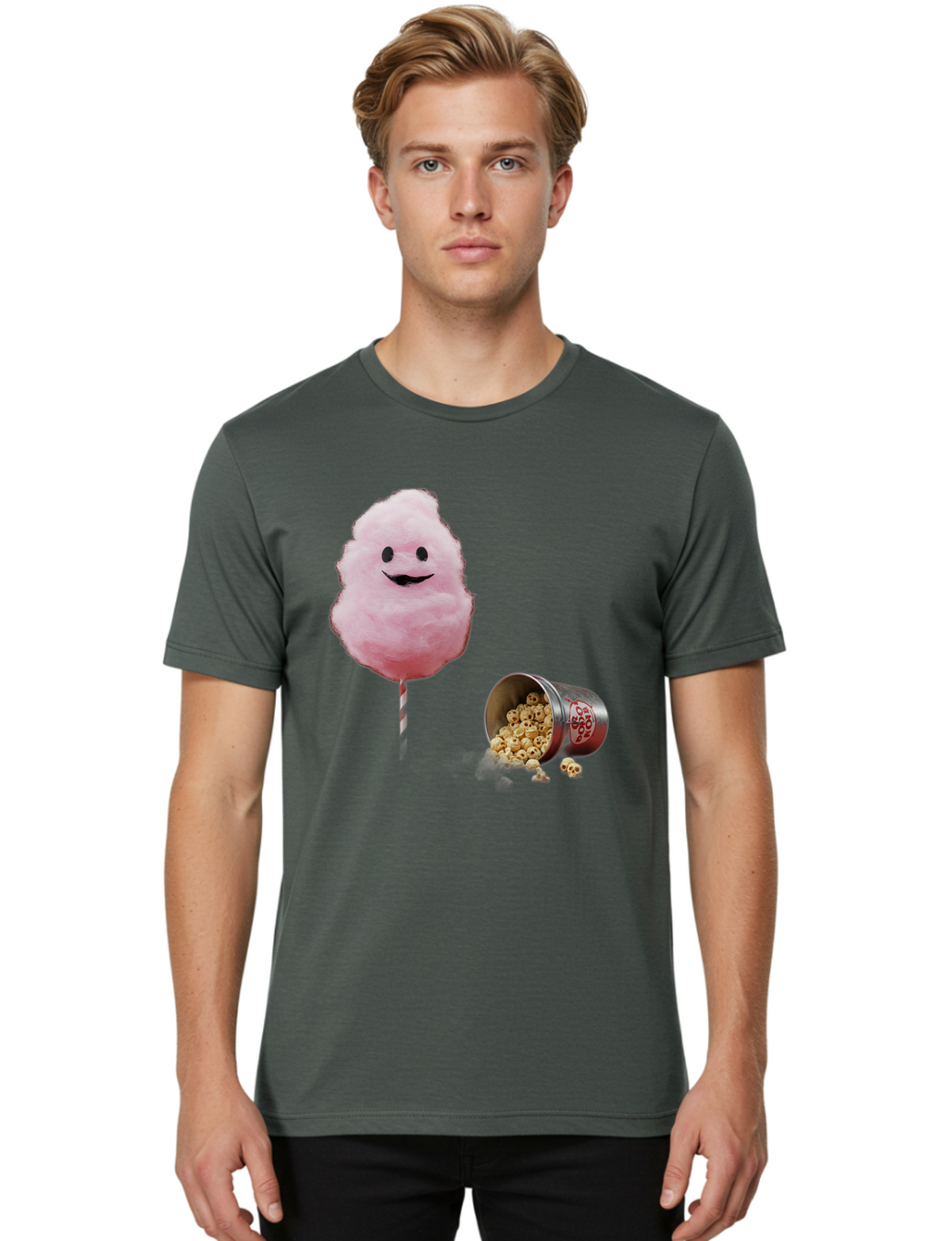 Cotton-Candy-16 Men'S Graphic Tee, 100% Cotton, Comfortable Casual Summer Wear, Machine Washable, Cartoon Cotton Candy With A Smiling Mouth, Cotton Candy On A Stick, Fun Food, Cartoon Snack, Popcorn Treat, Colorful Graphics, Playful Imagery, Bac909