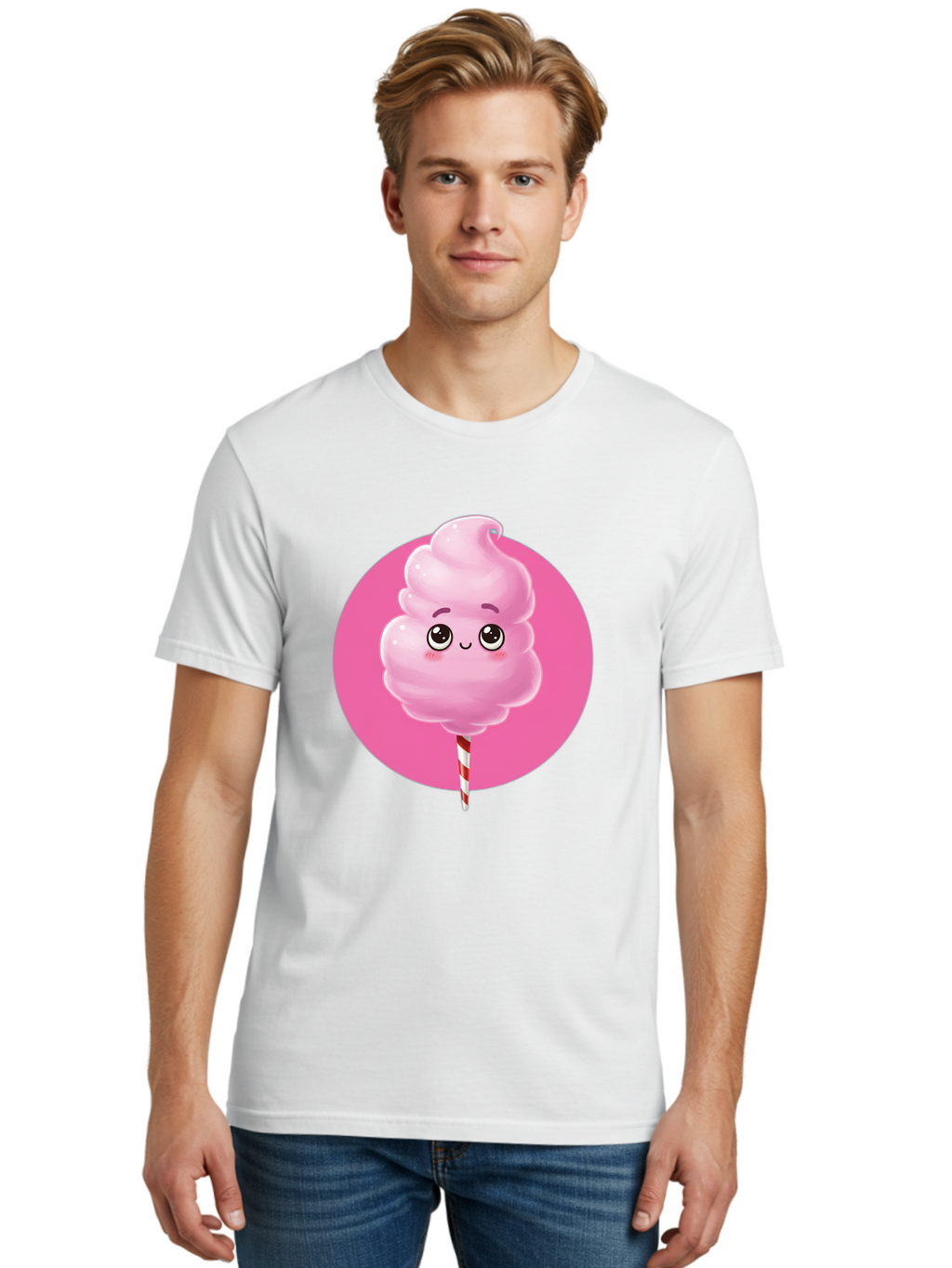 Cotton-Candy-2 Men'S Graphic Tee, 100% Cotton, Comfortable Casual Summer Wear, Machine Washable, Pink Cotton Candy, Sweet Treat, Cartoon Character, Fluffy Candy, Cotton Candy Illustration, Pink Candy, Cute Cartoon, Cartoon Snack, Fun Food, Bac910