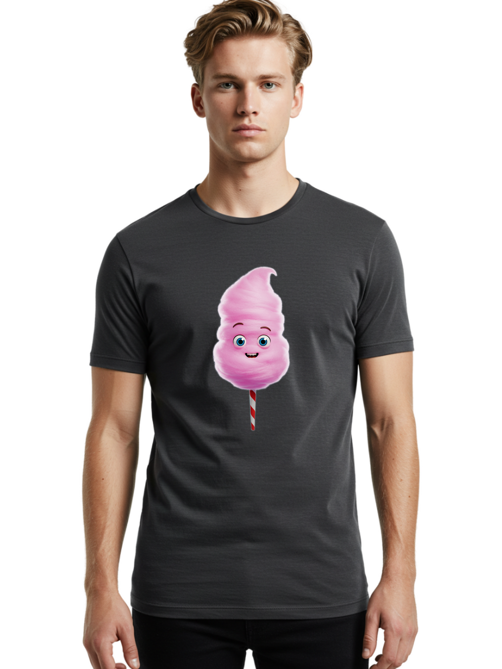 Cotton-Candy-3 Men'S Graphic Tee, 100% Cotton, Comfortable Casual Summer Wear, Machine Washable, Cotton Candy, Fluffy Treat, Cartoon Character, Sweet Delight, Blue Eyes, Cheerful Smile, Striped Stick, Carnival Snack, Party Dessert Bac911