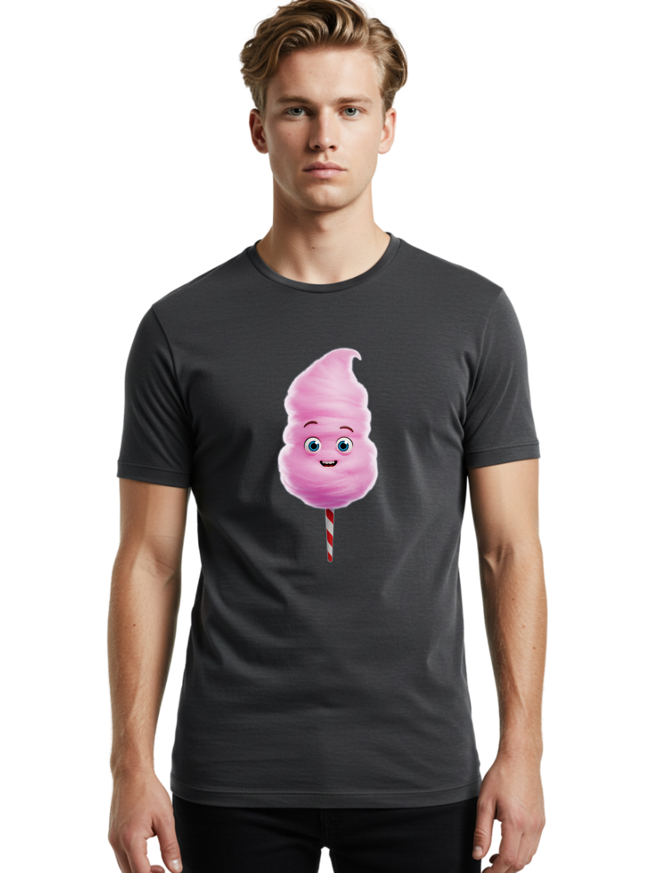Cotton-Candy-3 Men'S Graphic Tee, 100% Cotton, Comfortable Casual Summer Wear, Machine Washable, Cotton Candy, Fluffy Treat, Cartoon Character, Sweet Delight, Blue Eyes, Cheerful Smile, Striped Stick, Carnival Snack, Party Dessert Bac911