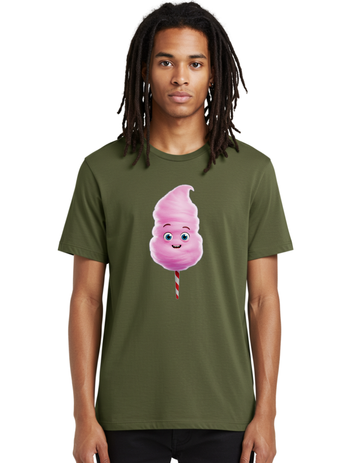 Cotton-Candy-3 Men'S Graphic Tee, 100% Cotton, Comfortable Casual Summer Wear, Machine Washable, Cotton Candy, Fluffy Treat, Cartoon Character, Sweet Delight, Blue Eyes, Cheerful Smile, Striped Stick, Carnival Snack, Party Dessert Bac911