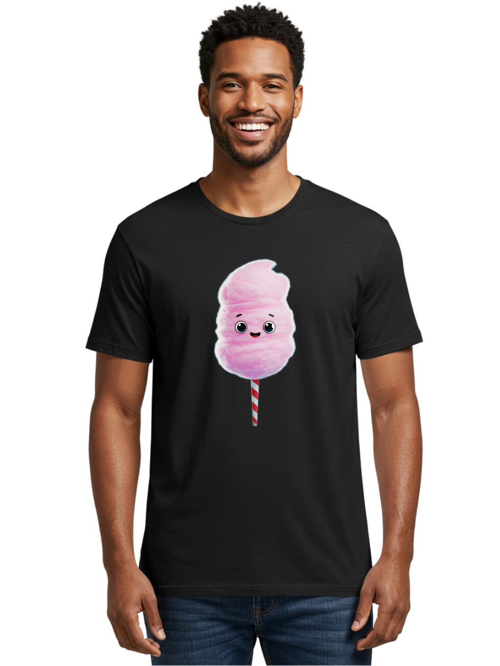 Cotton-Candy-4 Men'S Graphic Tee, 100% Cotton, Comfortable Casual Summer Wear, Machine Washable, Fluffy Pink Cotton Candy, Cartoon Character, Sweet Treat, Striped Stick, Cute Face, Happy Expression, Carnival Snack, Sugary Delight, Bac912