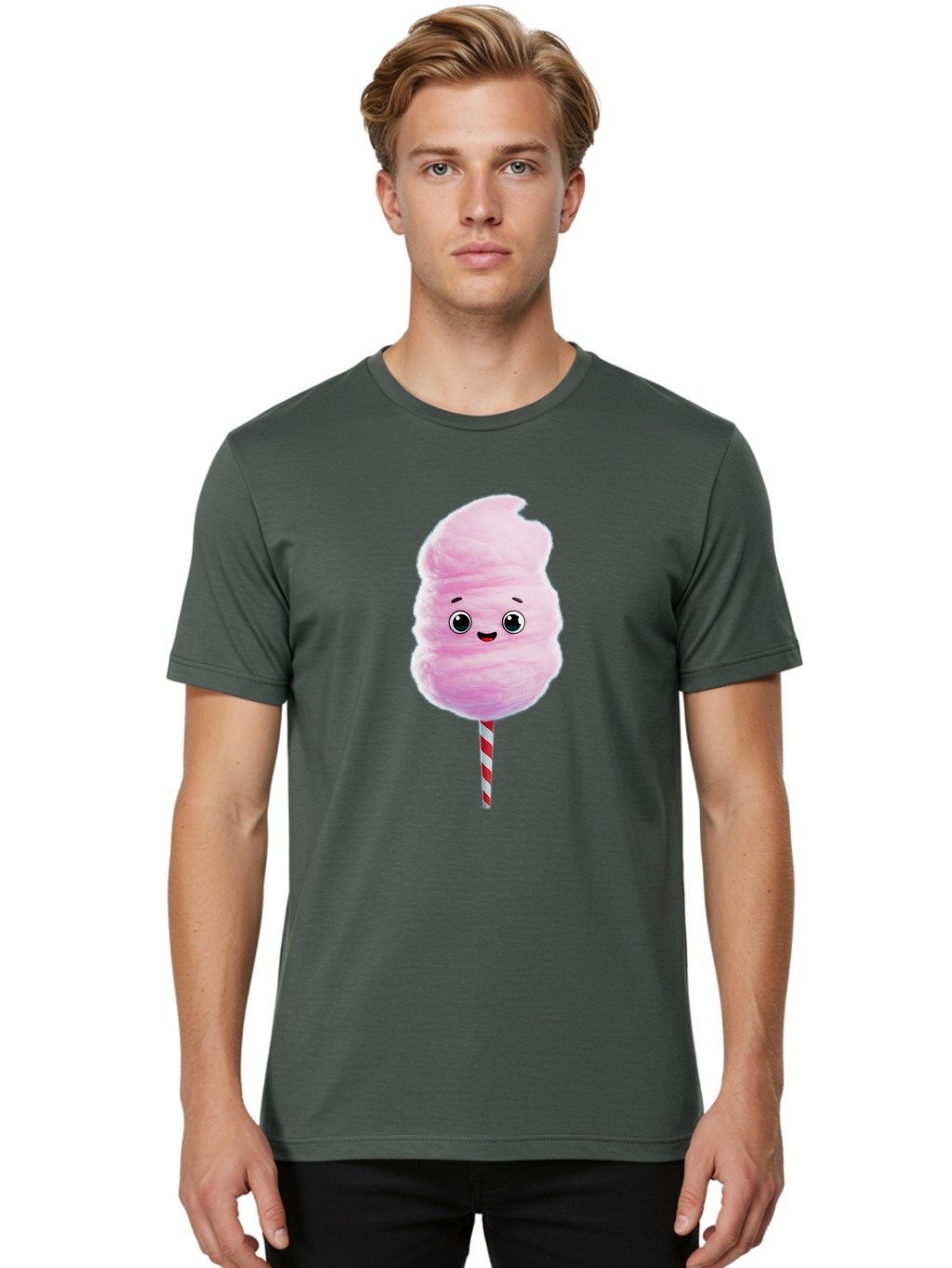 Cotton-Candy-4 Men'S Graphic Tee, 100% Cotton, Comfortable Casual Summer Wear, Machine Washable, Fluffy Pink Cotton Candy, Cartoon Character, Sweet Treat, Striped Stick, Cute Face, Happy Expression, Carnival Snack, Sugary Delight, Bac912