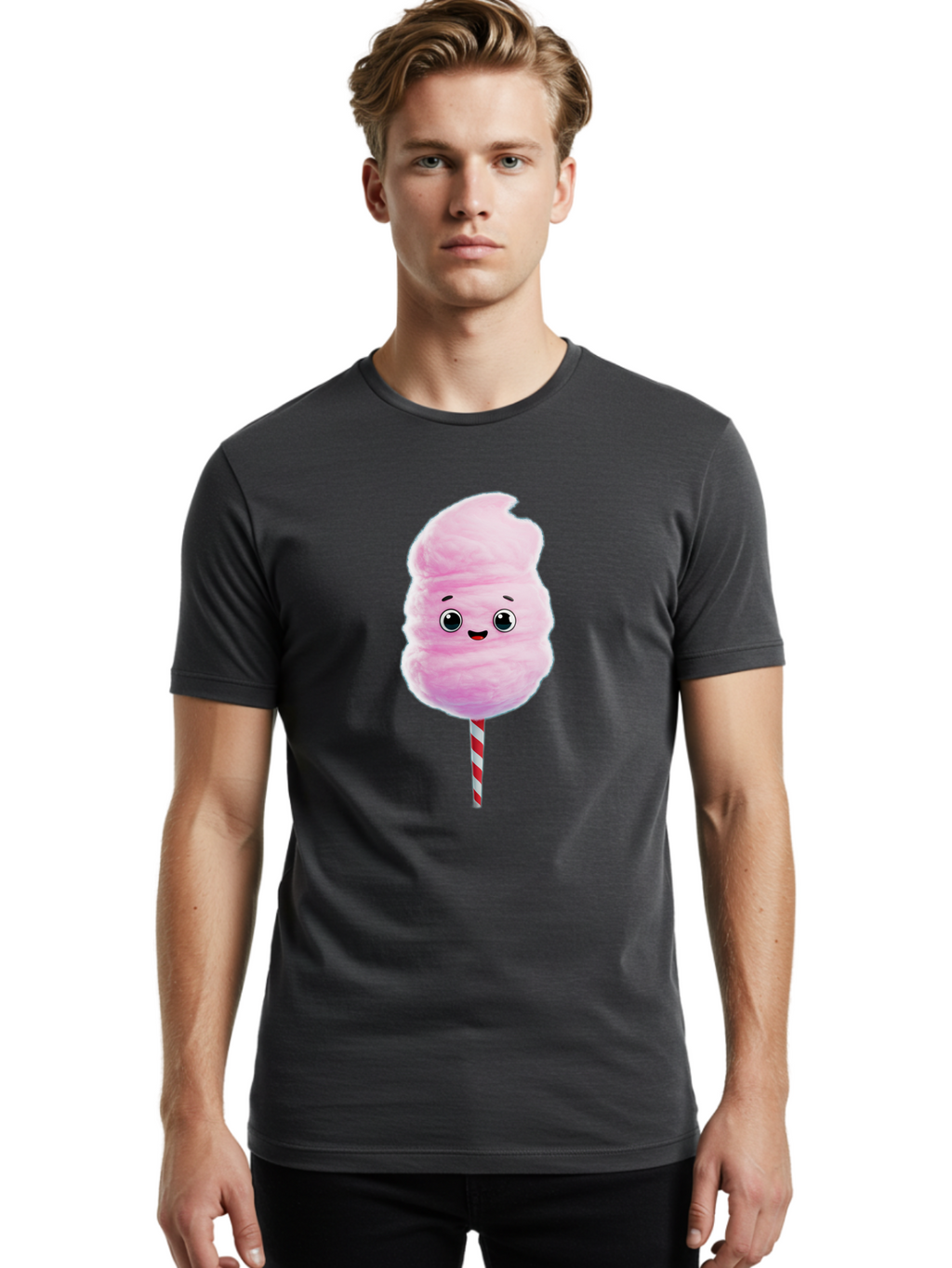 Cotton-Candy-4 Men'S Graphic Tee, 100% Cotton, Comfortable Casual Summer Wear, Machine Washable, Fluffy Pink Cotton Candy, Cartoon Character, Sweet Treat, Striped Stick, Cute Face, Happy Expression, Carnival Snack, Sugary Delight, Bac912