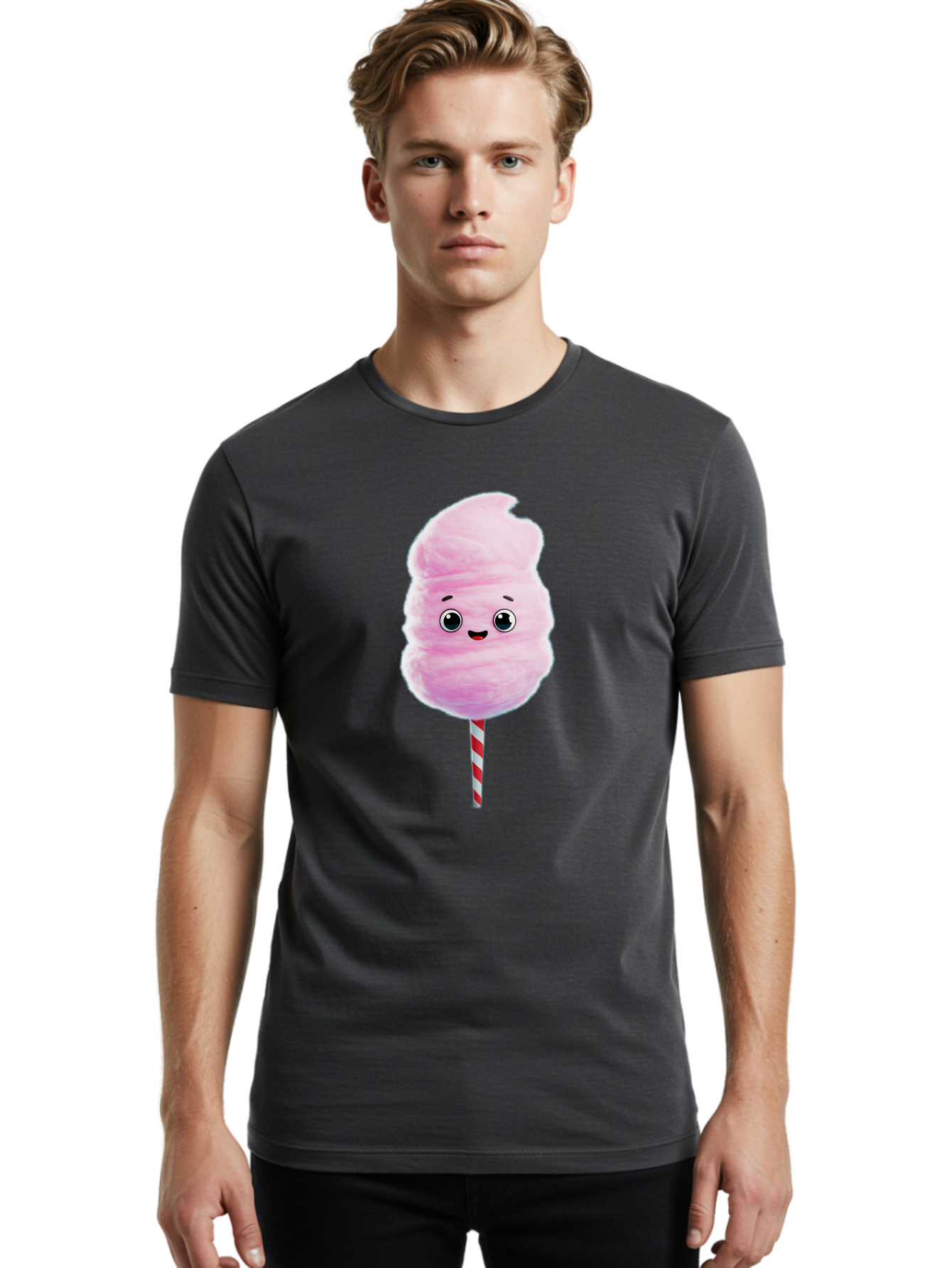 Cotton-Candy-4 Men'S Graphic Tee, 100% Cotton, Comfortable Casual Summer Wear, Machine Washable, Fluffy Pink Cotton Candy, Cartoon Character, Sweet Treat, Striped Stick, Cute Face, Happy Expression, Carnival Snack, Sugary Delight, Bac912