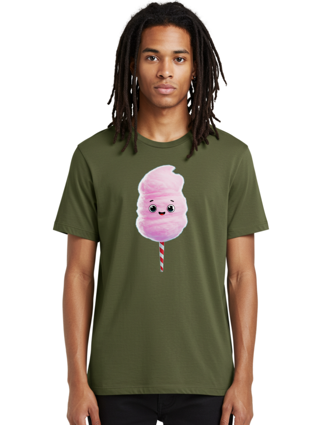 Cotton-Candy-4 Men'S Graphic Tee, 100% Cotton, Comfortable Casual Summer Wear, Machine Washable, Fluffy Pink Cotton Candy, Cartoon Character, Sweet Treat, Striped Stick, Cute Face, Happy Expression, Carnival Snack, Sugary Delight, Bac912