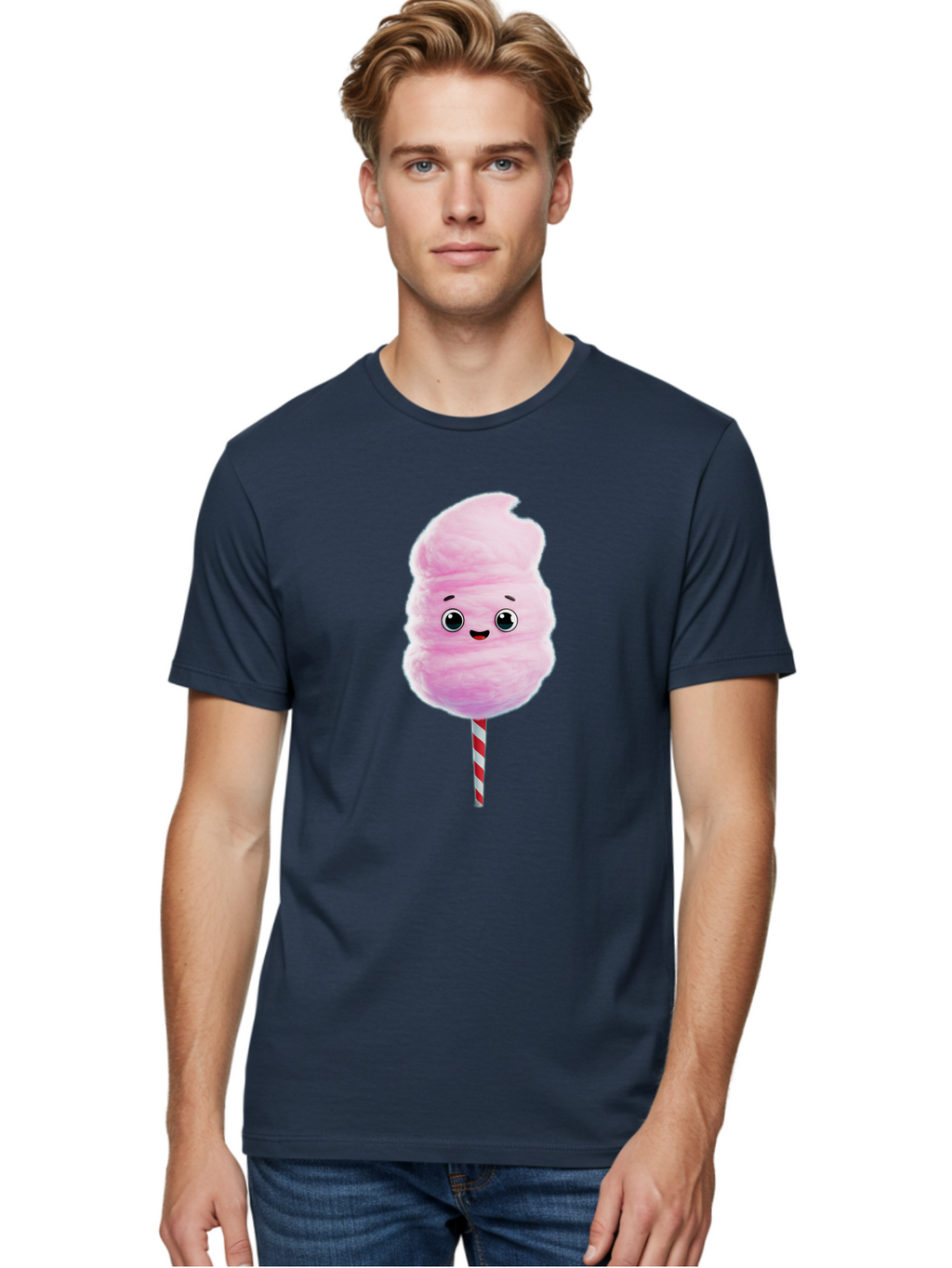 Cotton-Candy-4 Men'S Graphic Tee, 100% Cotton, Comfortable Casual Summer Wear, Machine Washable, Fluffy Pink Cotton Candy, Cartoon Character, Sweet Treat, Striped Stick, Cute Face, Happy Expression, Carnival Snack, Sugary Delight, Bac912