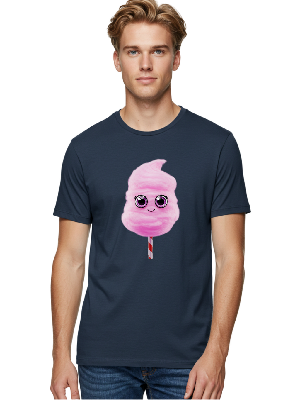 Cotton-Candy-6 Men'S Graphic Tee, 100% Cotton, Comfortable Casual Summer Wear, Machine Washable, Pink Cotton Candy On A Stick, Fluffy Texture, Anthropomorphic Candy, Cute Cartoon Character, Sweet Treats, Carnival Snack, Fun Food, Bac914