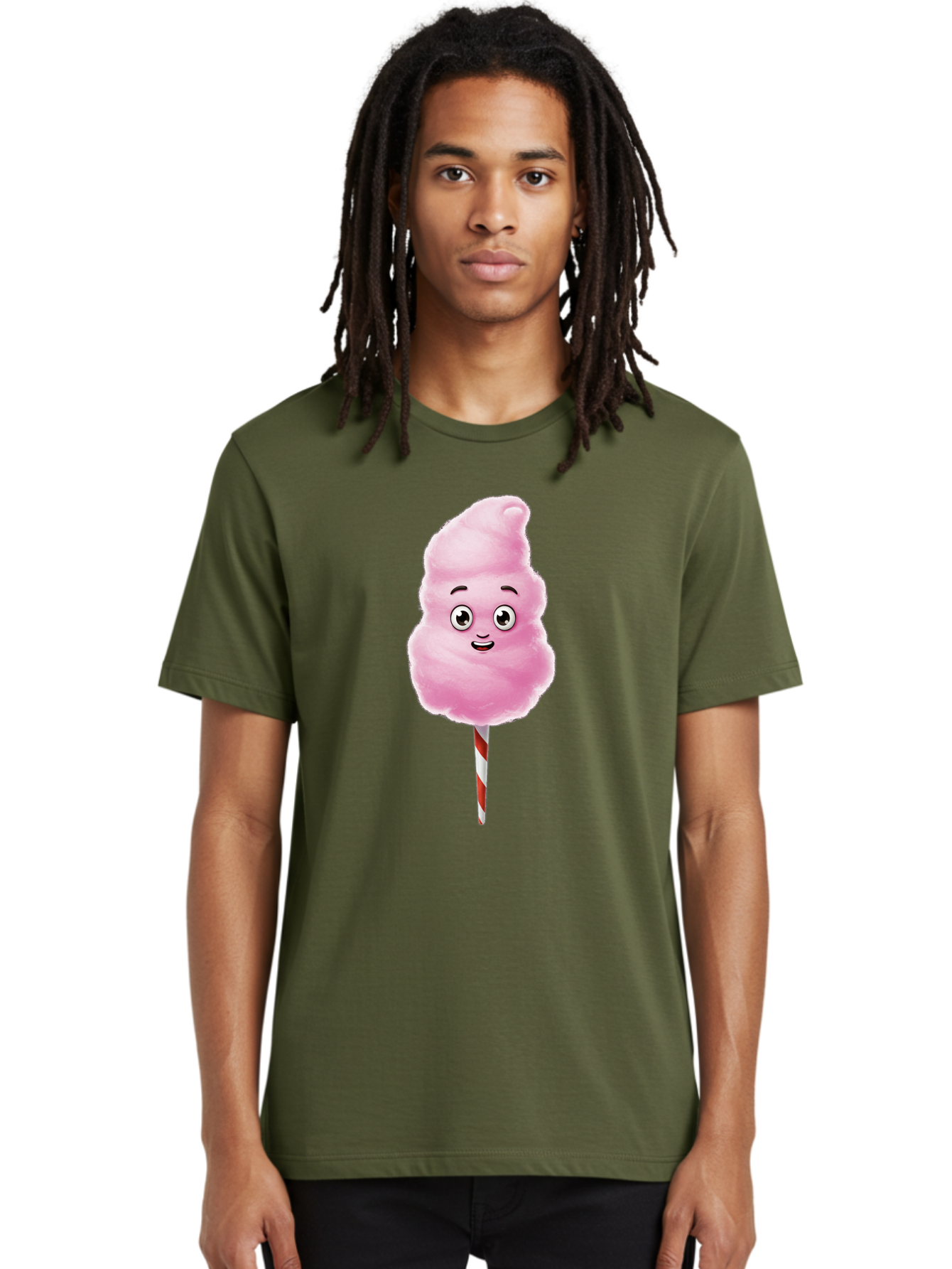 Cotton-Candy-7 Men'S Graphic Tee, 100% Cotton, Comfortable Casual Summer Wear, Machine Washable, Pink Cotton Candy, Cartoon Character, Smiling Face, Happy Eyes, Red And White Stick, Sweet Treat, Fluffy Texture, Cartoon Candy Bac915