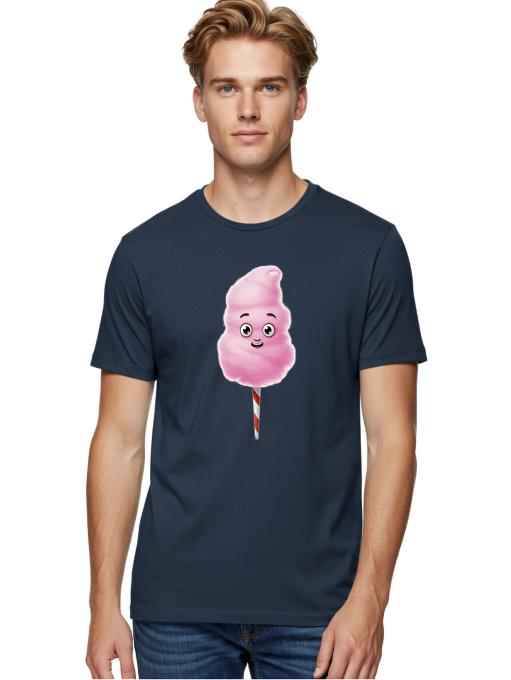 Cotton-Candy-7 Men'S Graphic Tee, 100% Cotton, Comfortable Casual Summer Wear, Machine Washable, Pink Cotton Candy, Cartoon Character, Smiling Face, Happy Eyes, Red And White Stick, Sweet Treat, Fluffy Texture, Cartoon Candy Bac915
