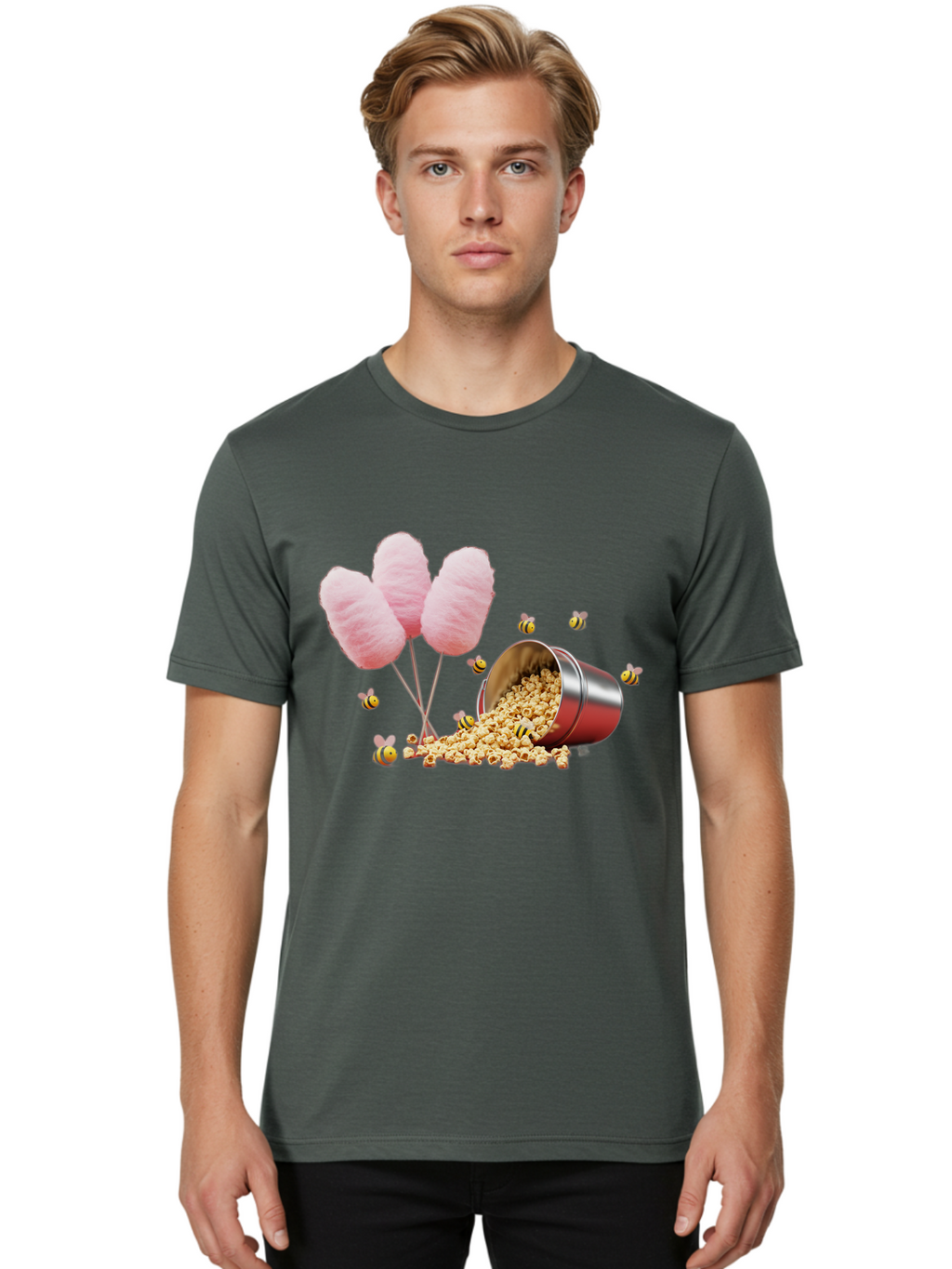 Cotton-Candy-And-Popcorn Men'S Graphic Tee, 100% Cotton, Comfortable Casual Summer Wear, Machine Washable, Cotton Candy, Popcorn, Bees, Sweet Treats, Party Snacks, Carnival Food, Delicious Desserts, Yellow And Black Bees, Fluffy Cotton Candy Bac919