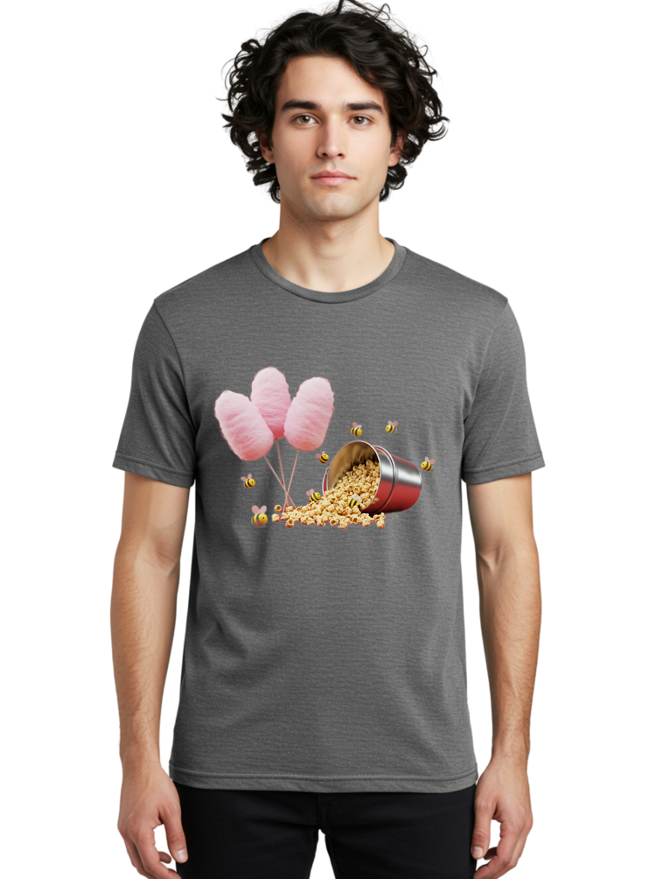 Cotton-Candy-And-Popcorn Men'S Graphic Tee, 100% Cotton, Comfortable Casual Summer Wear, Machine Washable, Cotton Candy, Popcorn, Bees, Sweet Treats, Party Snacks, Carnival Food, Delicious Desserts, Yellow And Black Bees, Fluffy Cotton Candy Bac919